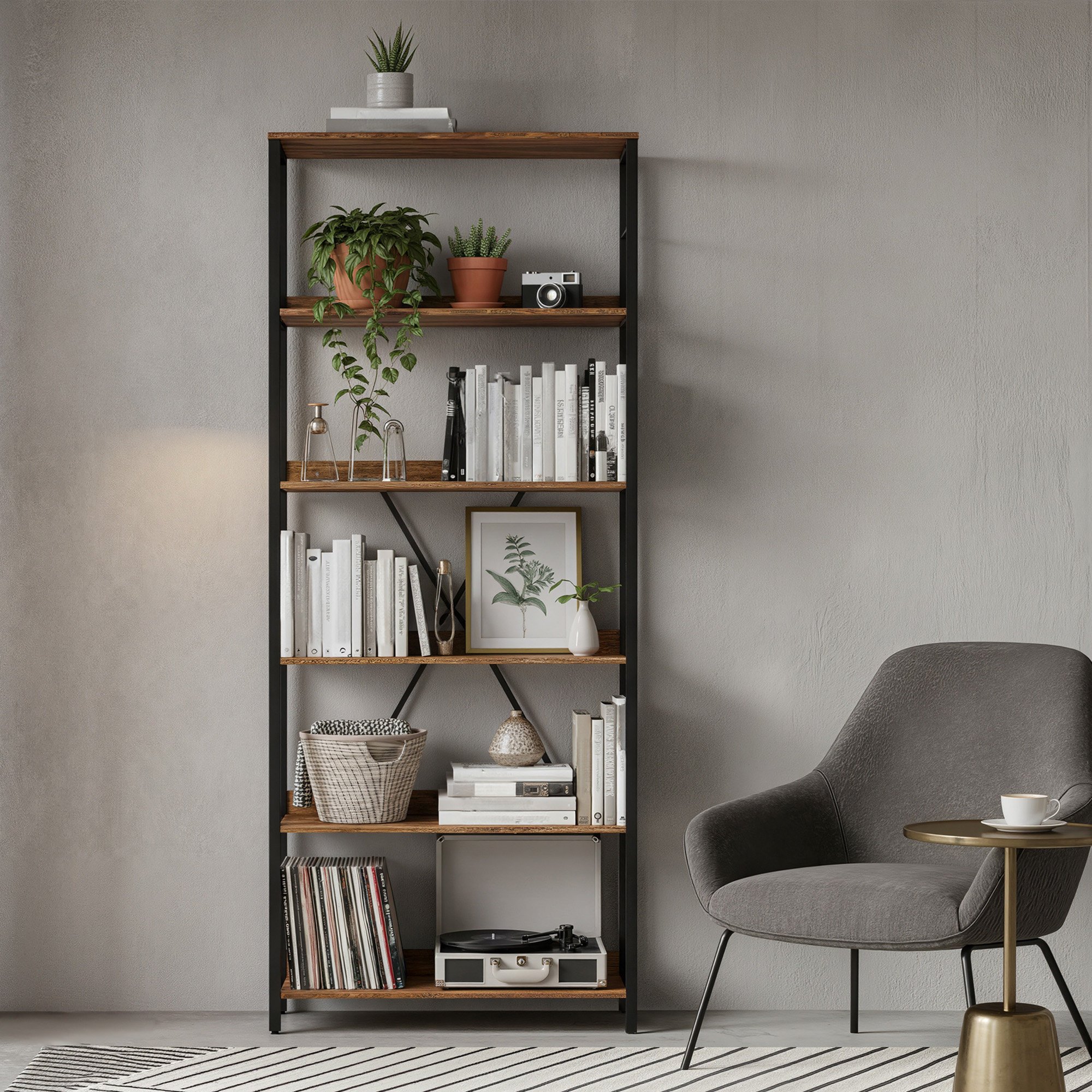 Image of 6-tier Bookshelf, Storage Shelf, 60 X 30 X 178 Cm, With Back Panels, -black