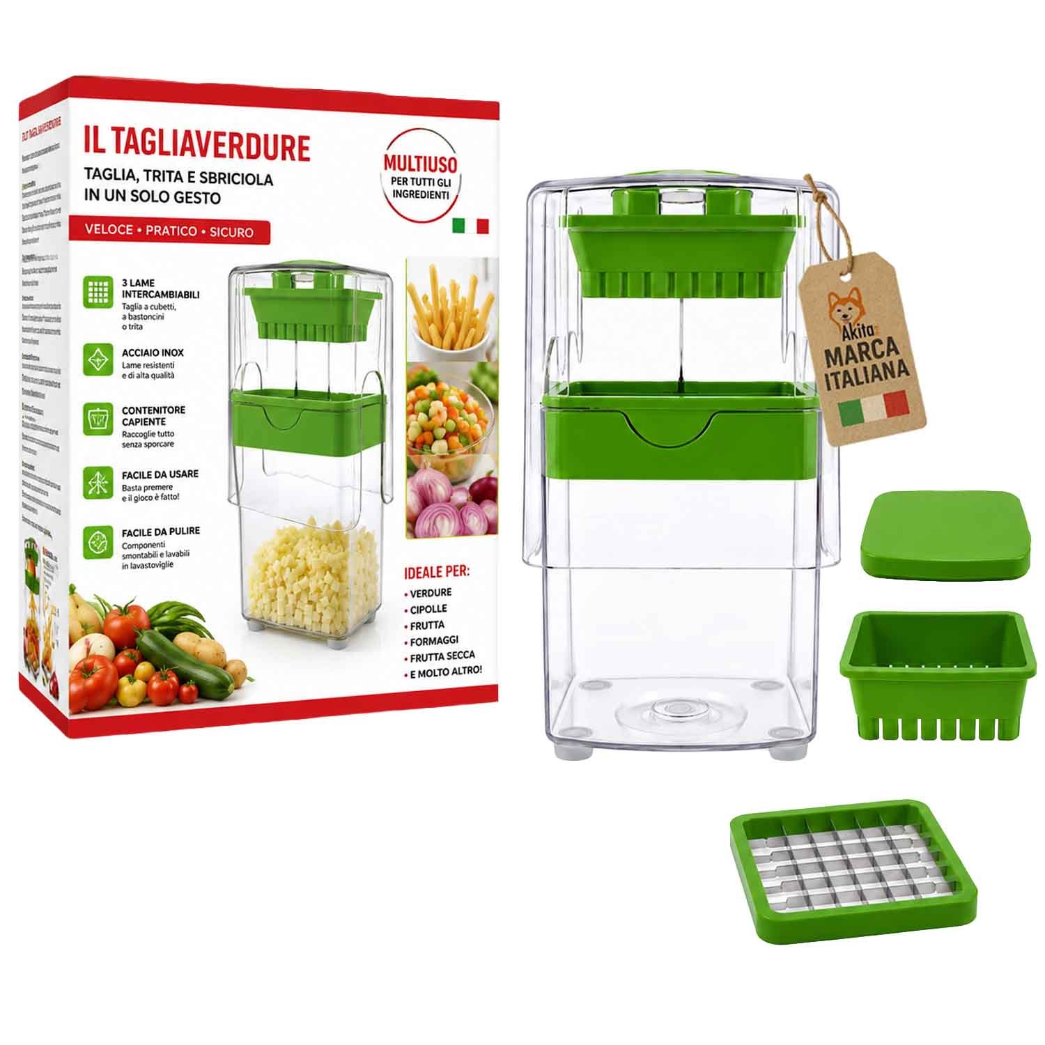 TEMU Akitaink Affettatrice Multiuso Tagliaverdure Manuale, Affetta Verdure, Frutta e Ortaggi, Lame in Acciaio , Contenitore con Base Antiscivolo