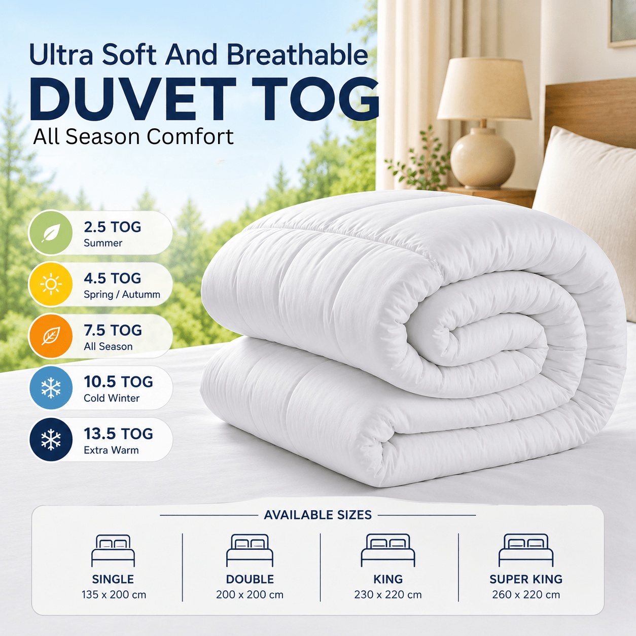 TEMU 1pc Soft Breathable All Season Duvet - Hotel Quality, Lightweight Summer Quilt – 2.5, 4.5, 10.5, 13.5, 15 Tog Rated Duvet Tog, Bed Comforter