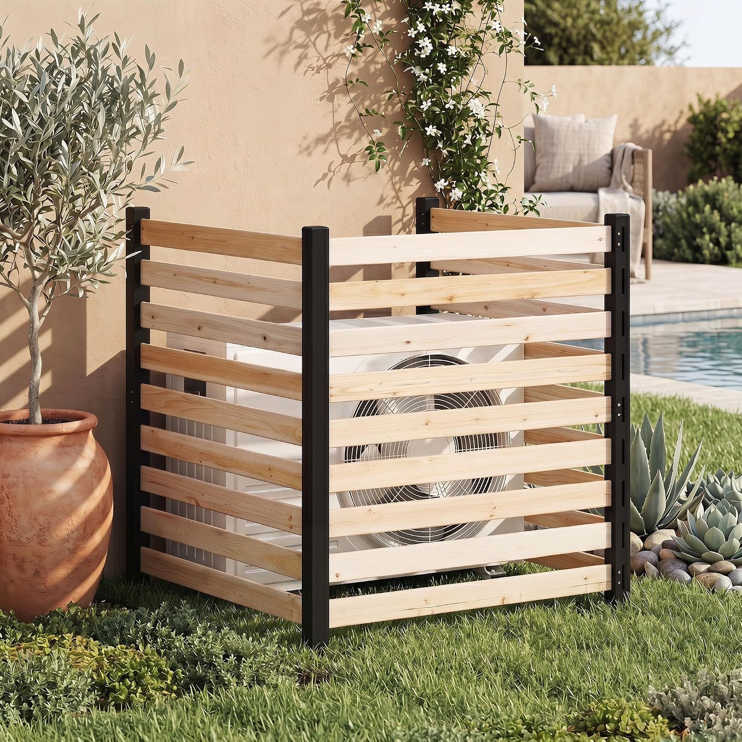 Image of 3pcs Garden Fence, Decorative Privacy Fence Made Of Fir Wood With Ground Spikes Adjustable Angle, Slatted Fence For Air Conditioners