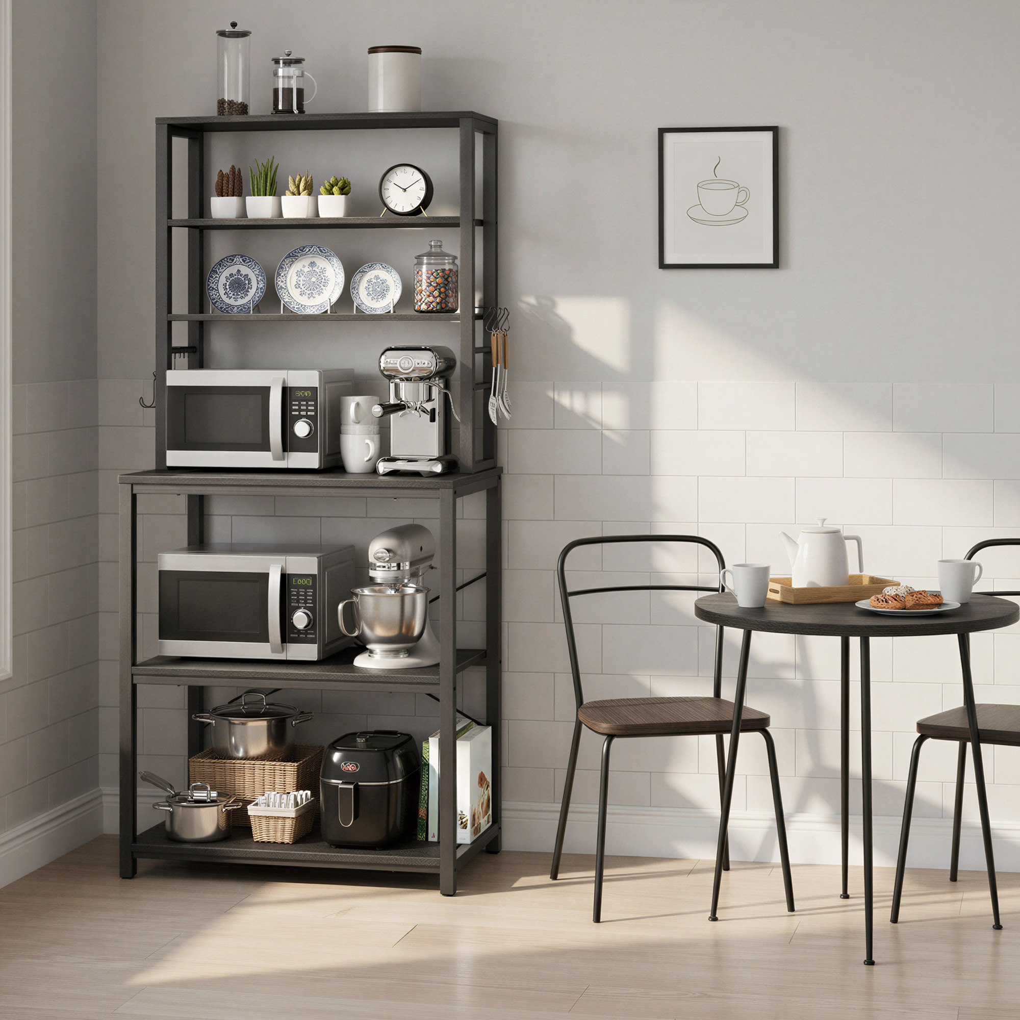 Image of Microwave Shelf With 6 Levels, Kitchen Shelf With Hooks And Compartments, For Coffee Bar, Black
