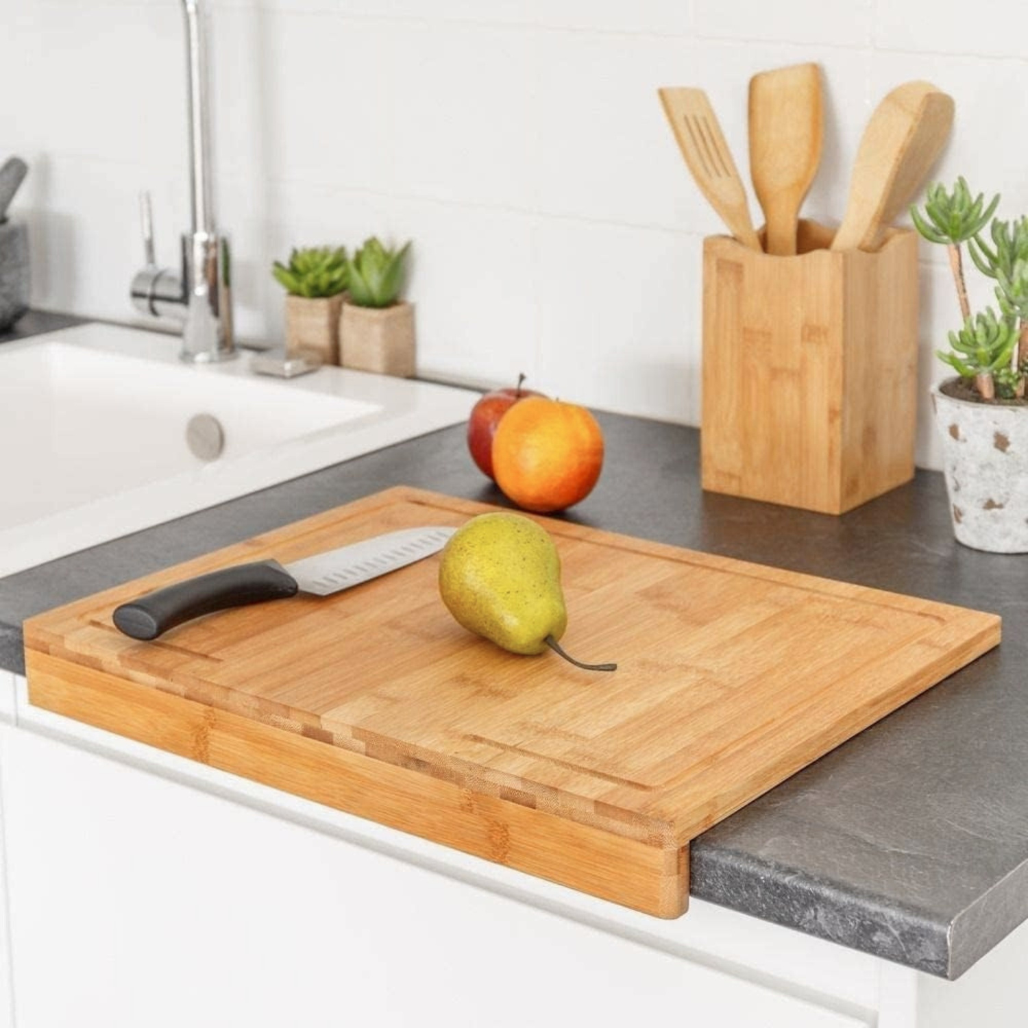 TEMU Planche à découper premium en bambou pour cuisine, réglable pour comptoir, table rectangulaire avec rainure à jus, table pour viande, légumes,