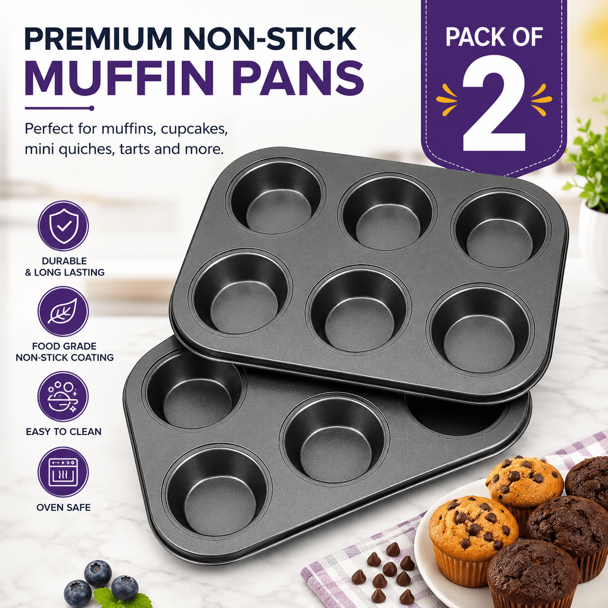 TEMU 2 Pack Muffin Trays, 6 Cup Deep Non Stick Muffin Tin, Cupcake Baking Tray Pan For Brownies Mini Bread Egg Muffins, Dishwasher Safe Bakeware