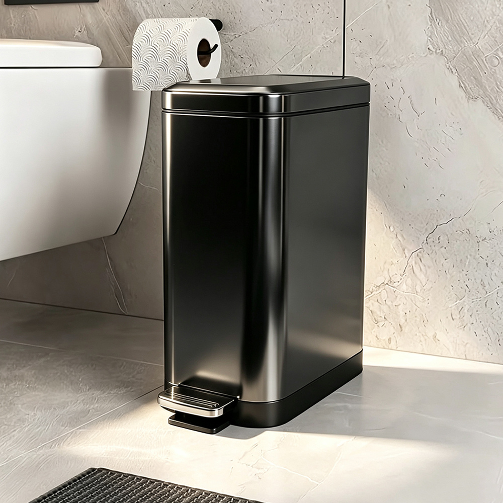 Image of Small Stainless Steel Trash Can With Foot Pedal, Cosmetic Trash Can 8l, Bathroom Trash Can, Bathroom Trash Can With Lid, (soft Close) Metal Step Trash Can For Bathroom, Toilet, Bedroom
