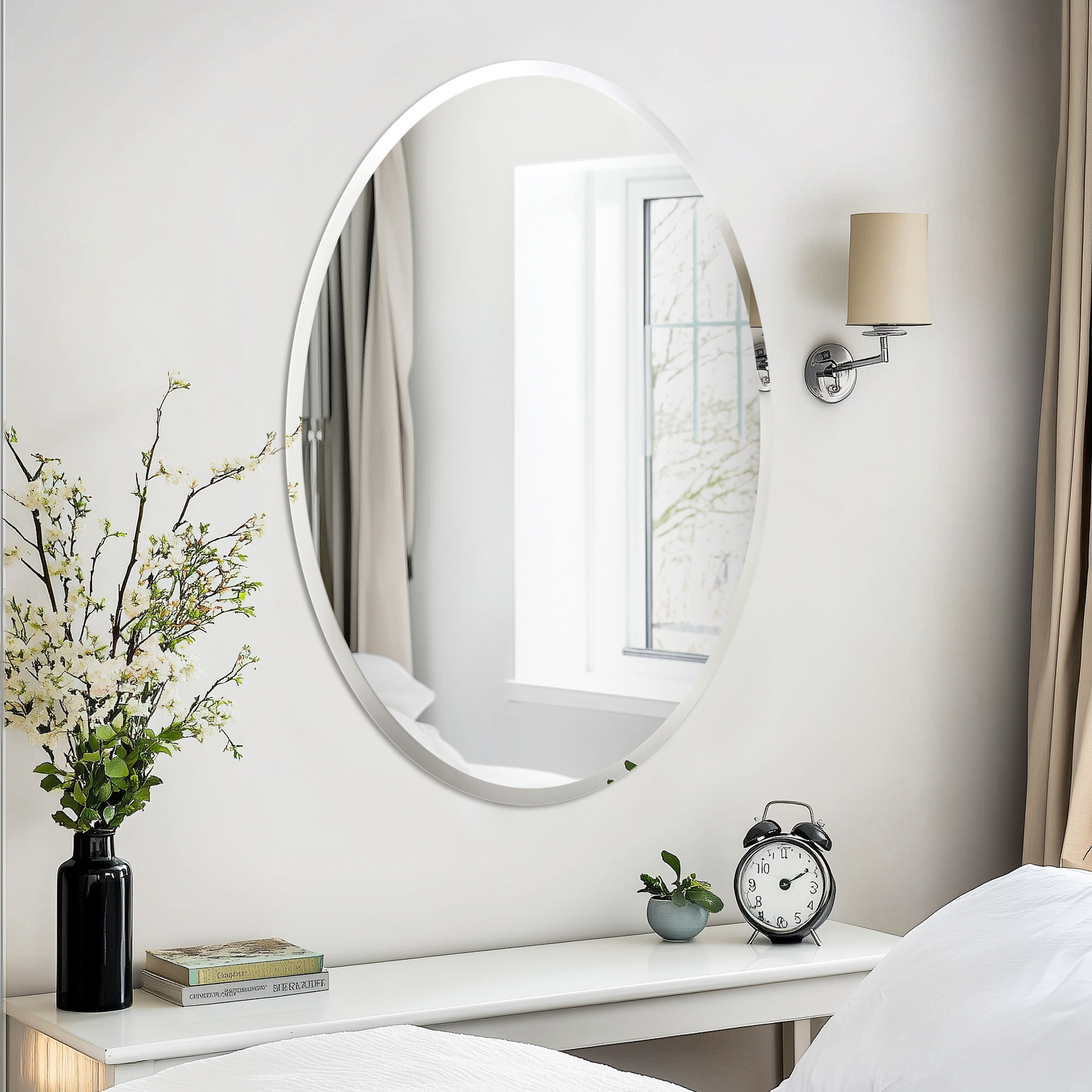 Image of Frameless Wall Mirror - Oval Beveled Edge Bathroom Makeup Mirror, Hd Anti-oxidation Glass, Vertical Or Horizontal Hanging, For Entryway Bedroom Living Room