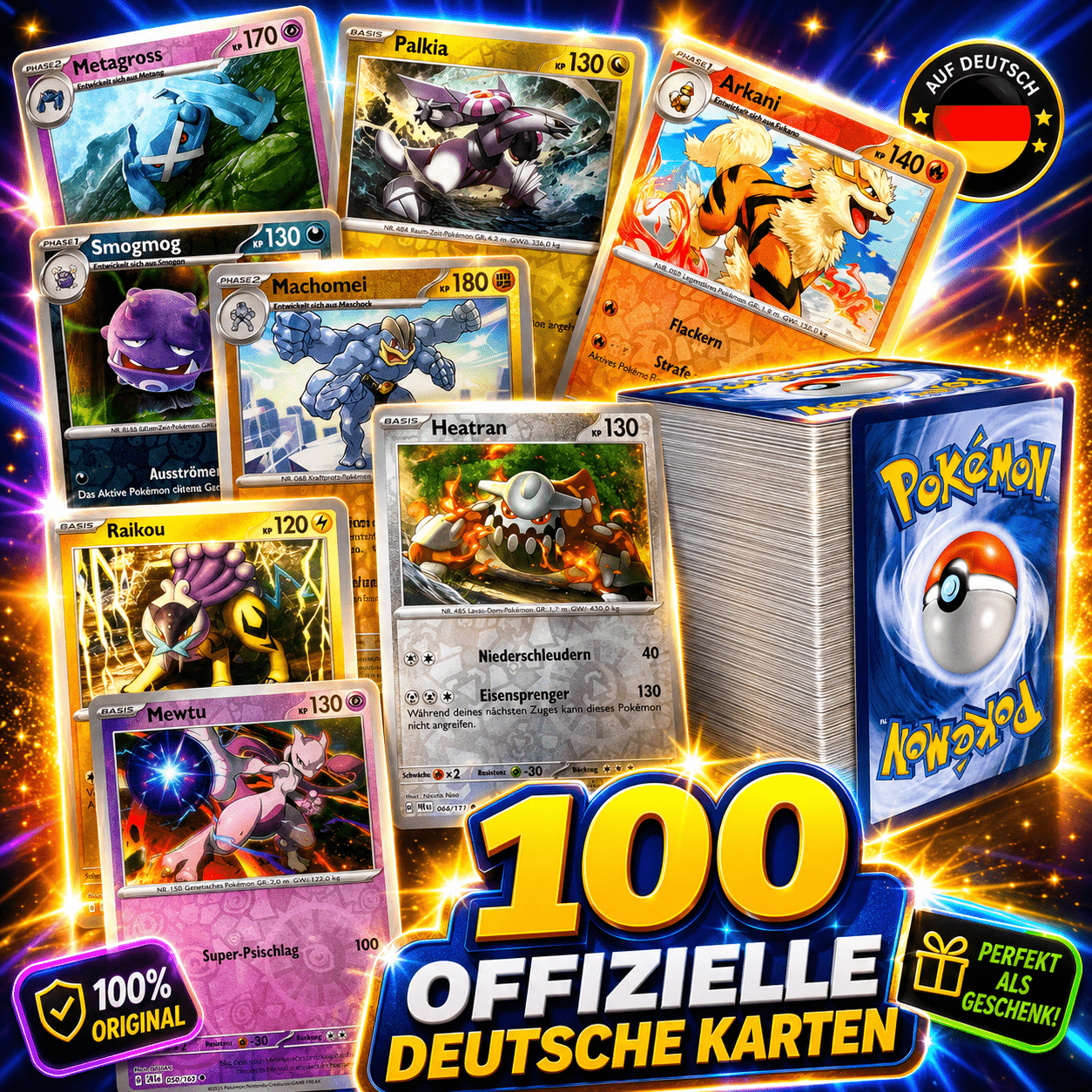 100 German Version - Lot Of 100 Official Cards Including Rare And Shiny