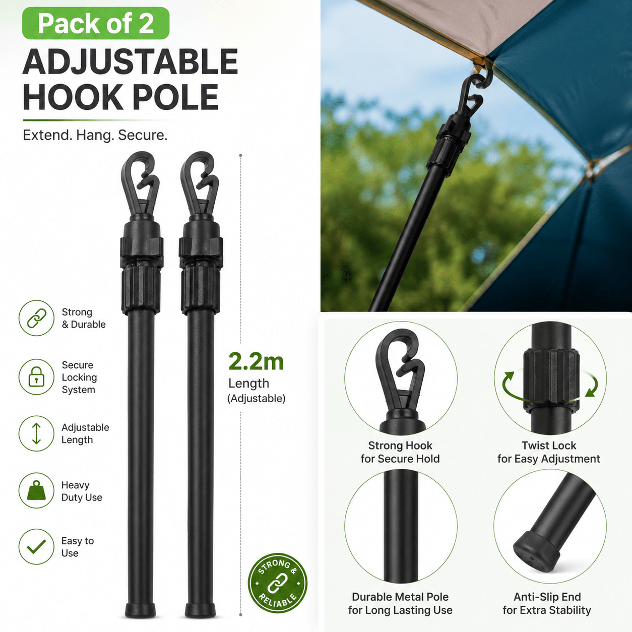 TEMU 2 Pack Adjustable Telescopic Clothes Line Prop, Heavy Duty Extendable Washing Line Support Poles, Metal Laundry Line Prop Rods For Home Garden