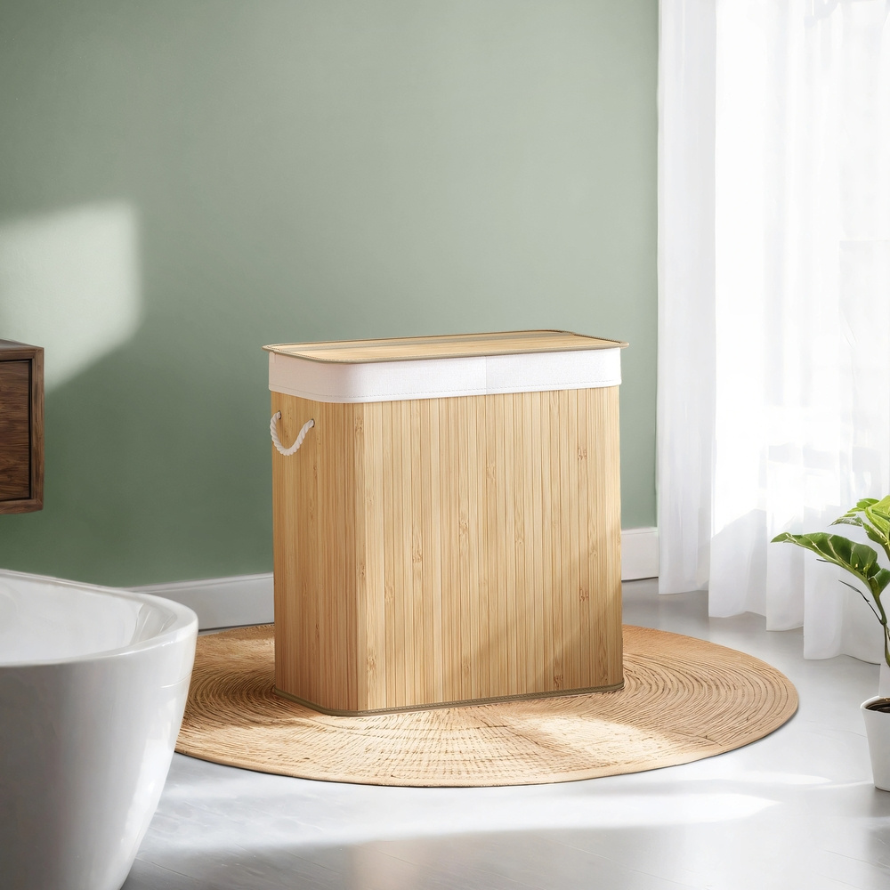TEMU Cesto de Ropa de 100 L, Canasta de Almacenamiento Plegable de 2 Secciones con y , Forros Extraíbles, Lavandería, Natural