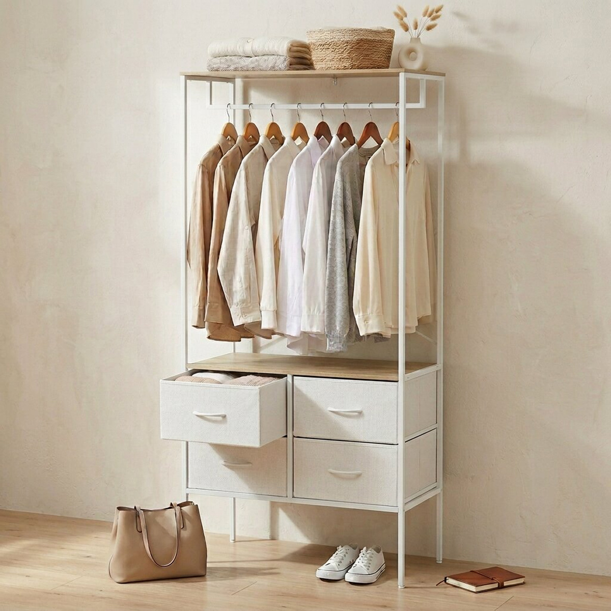 Multifunctional Open Wardrobe With Clothes Rack, 4 Fabric Drawers And Top Shelf, Metal Frame Storage Organizer