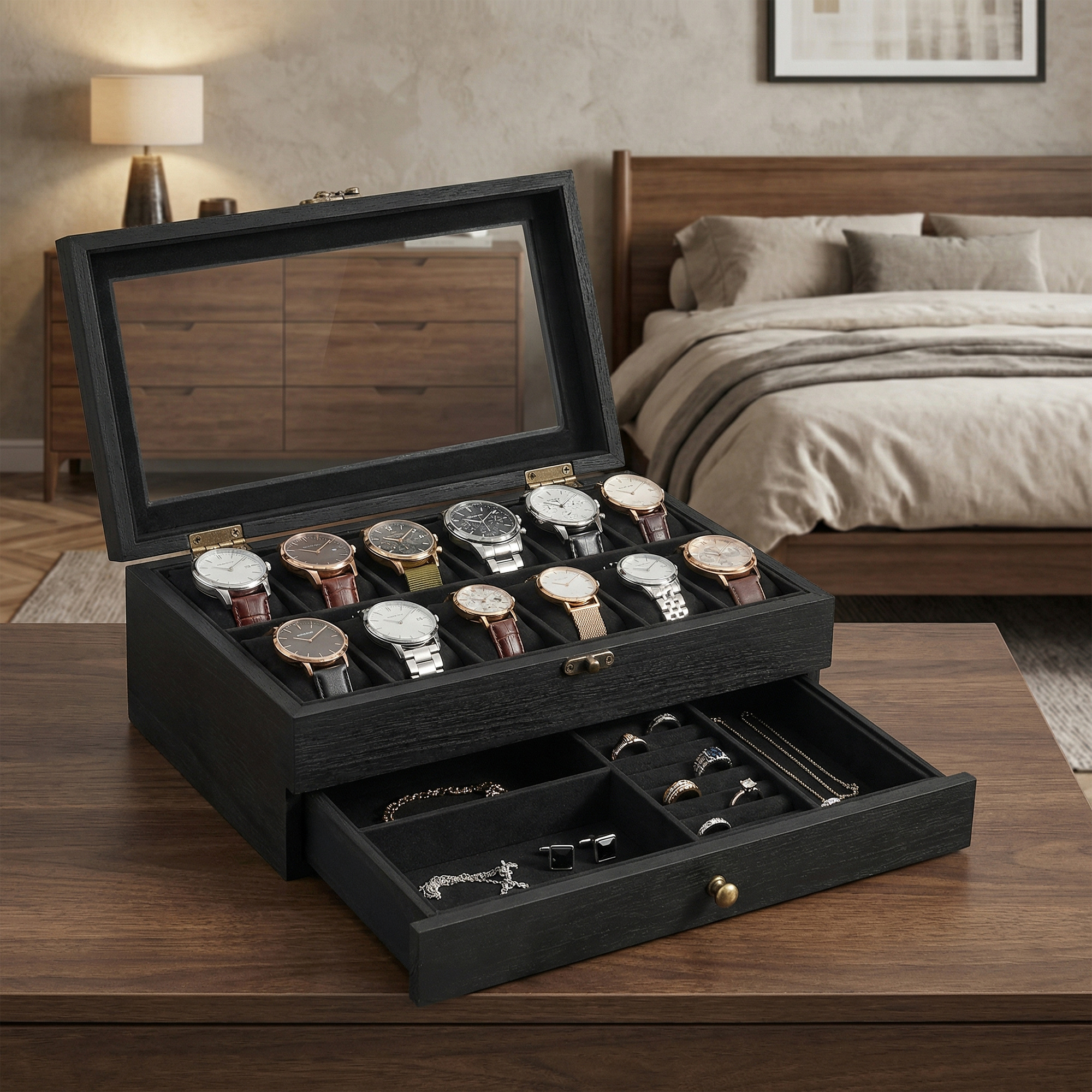 TEMU de Relojes, Estuche de Madera para Relojes, 12 compartimentos, de Cristal, Almohadillas, Negro, 19 x 34 x 12,5 cm