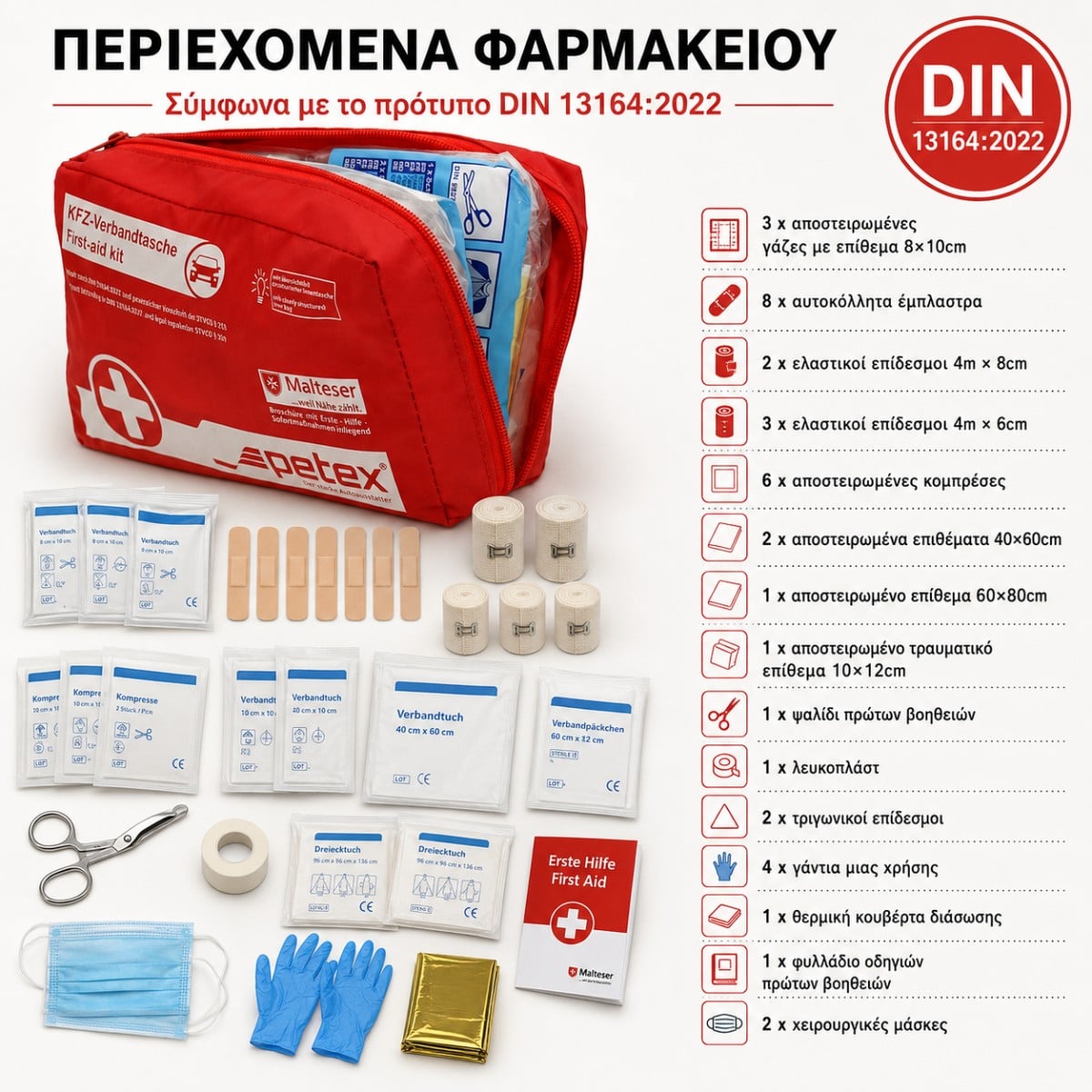 πιστοποιημένο φαρμακείο αυτοκινήτου   din 13164:2022 – πλήρες σετ πρώτων βοηθειών | certified   car first aid kit din 13164:2022 - complete first aid set