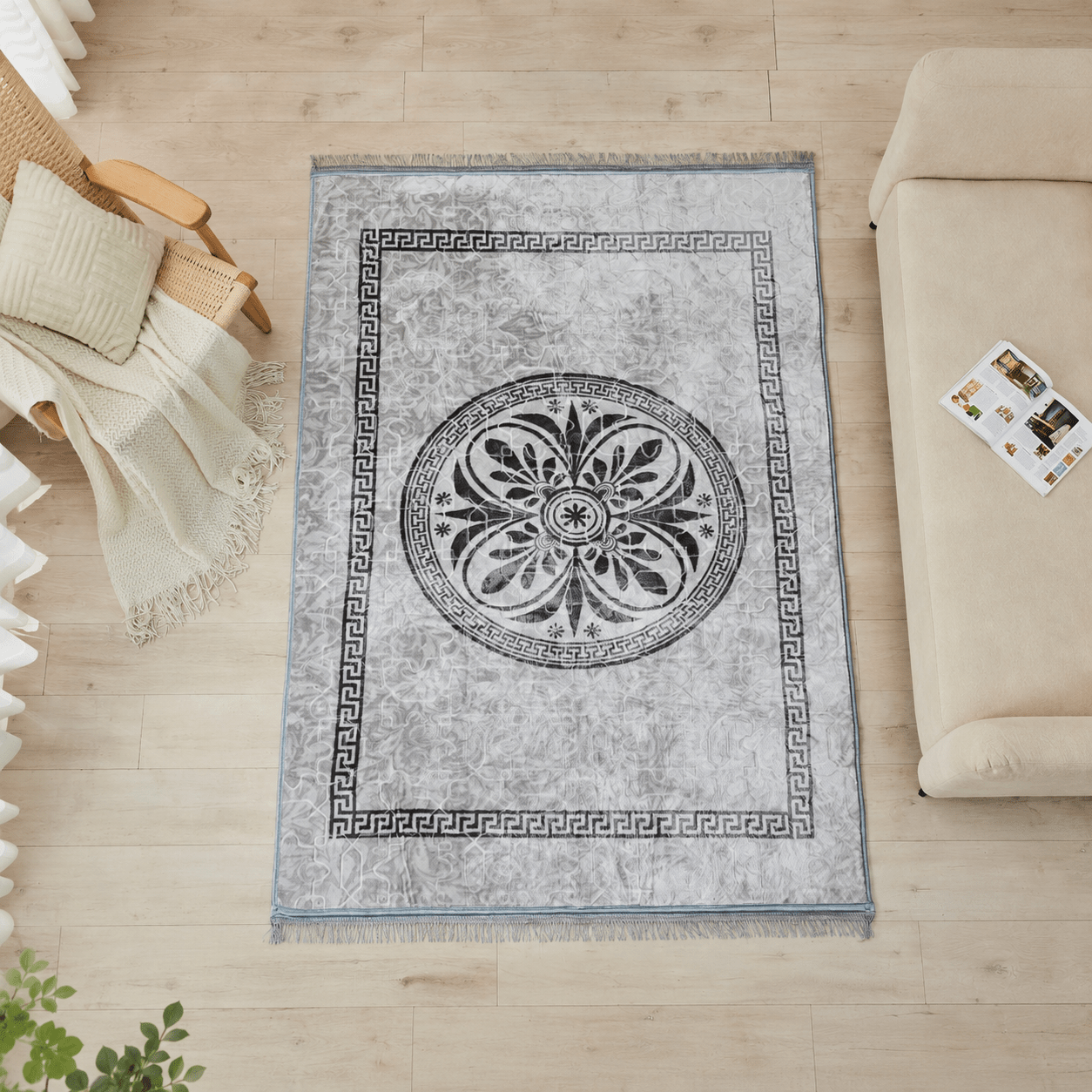 Luxury Floral Greek Area Rug with Non-Slip Backing