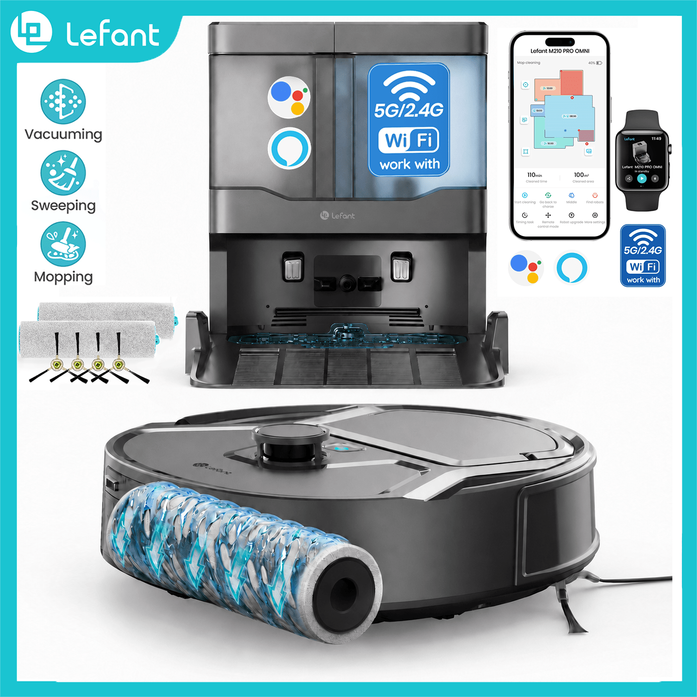 Lefant M265 Roller Vacuum Robot With Mopping Function, 23000 Pa, Obstacle Avoidance, Precise Laser Mapping & Navigation, No-go Zone, Extra Wide Cleaning Path, 2.4g/5g, App And Alexa, Black