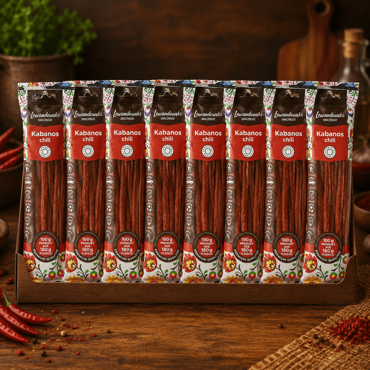 Image of Lewandowski Kabanos Chili 100g | Lewandowski Chili Kabanos Sausages | Lewandowski Kabanos Sausages With Chili 100g | Lewandowski Kabanos With Chili 100g