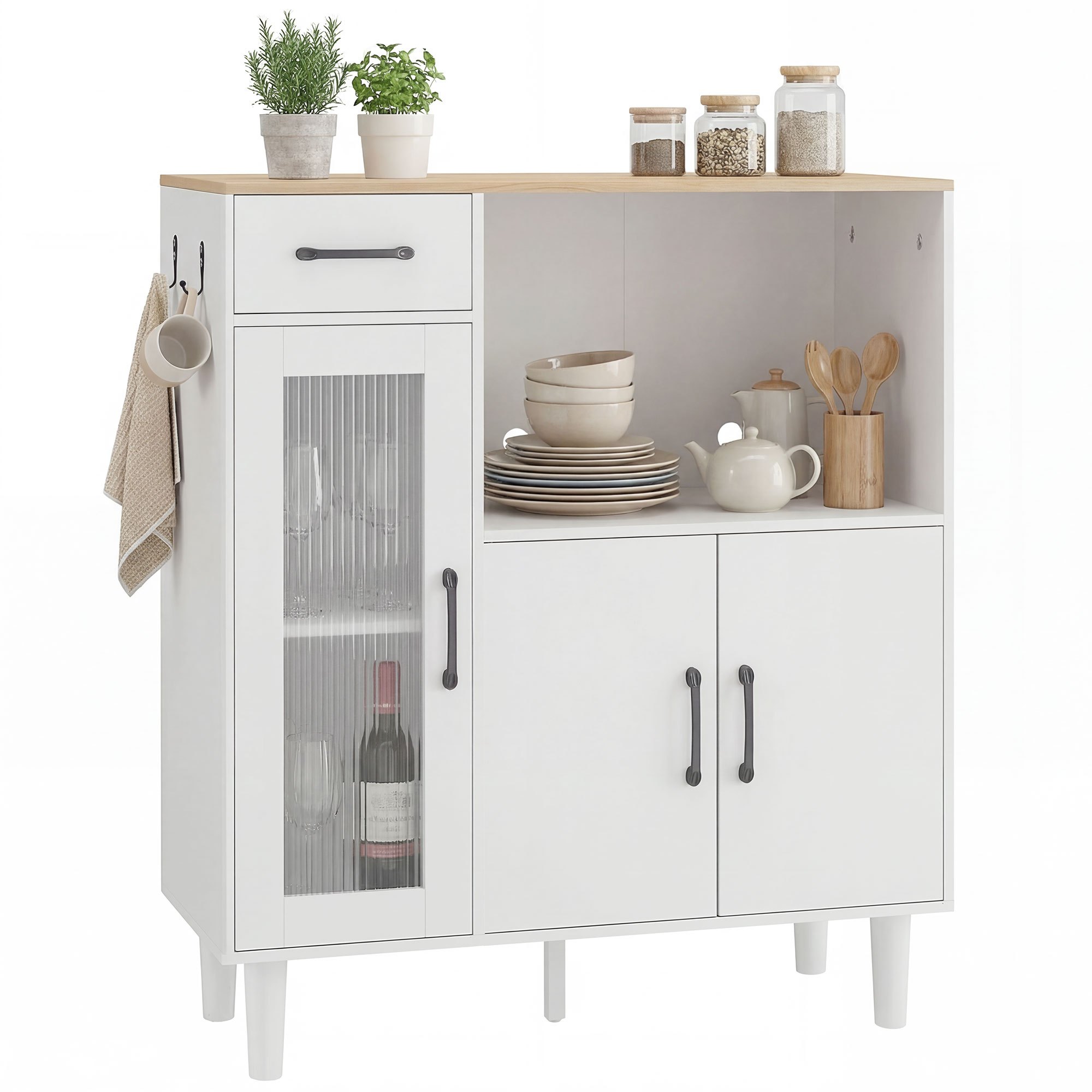 TEMU HOMCOM Buffet Cuisine, Meuble de Rangement avec Tiroir, 3 Portes dont 1 en Acrylique Cannelée et Étagère Ouverte, Style Moderne, pour Salon et
