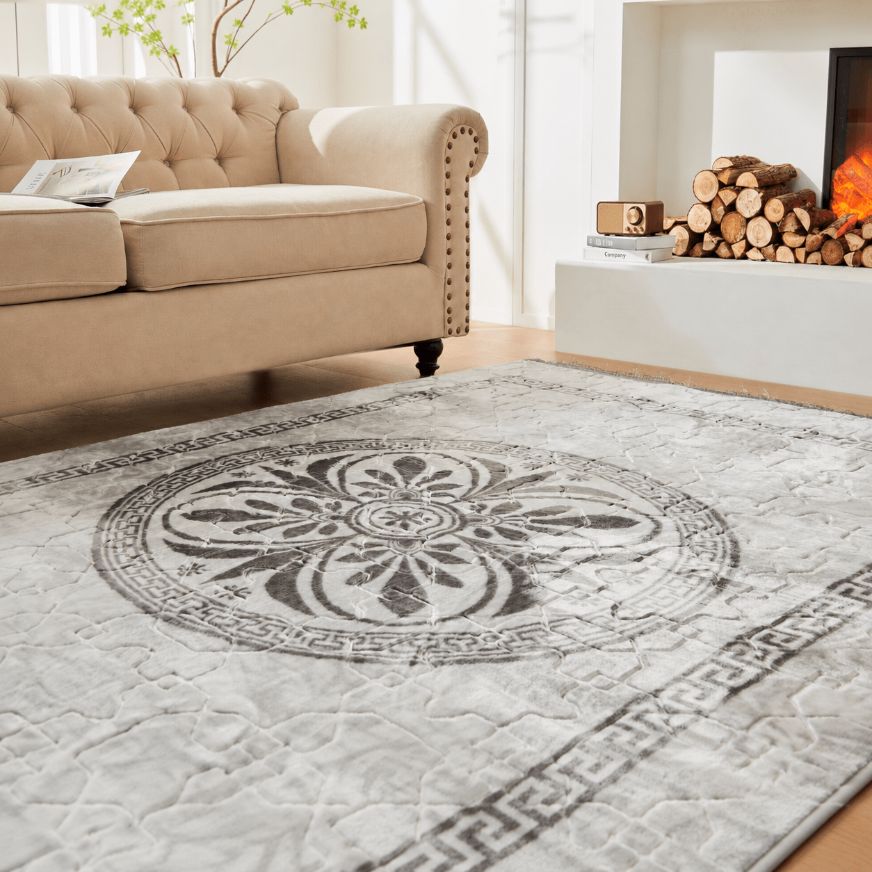 Luxury Floral Greek Area Rug with Non-Slip Backing
