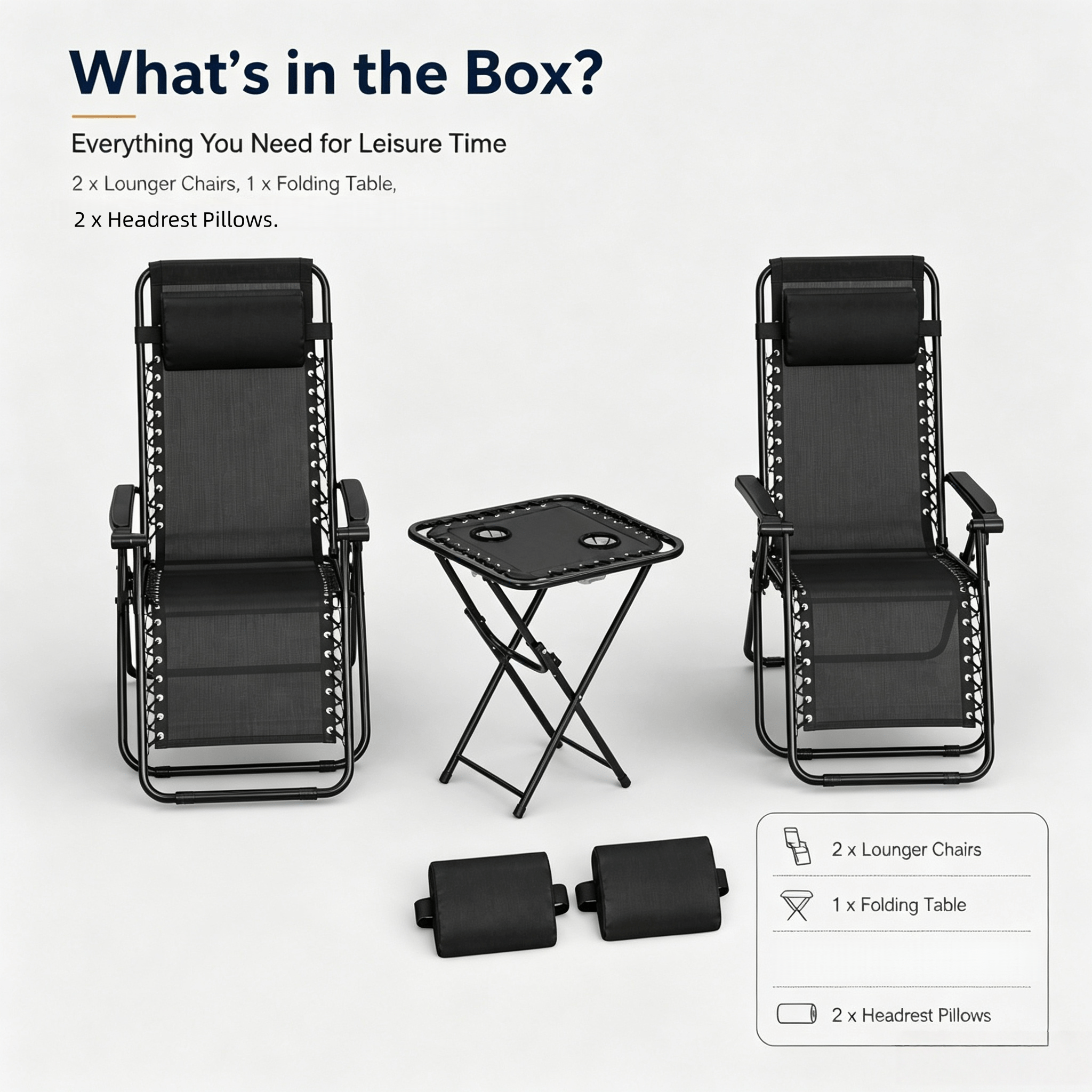 2‑pack 0 Gravity Folding Lounge Chair Set With Folding Side Table & Head Pillows, Outdoor Recliner Chairs For Patio Pool Backyard Camping Beach