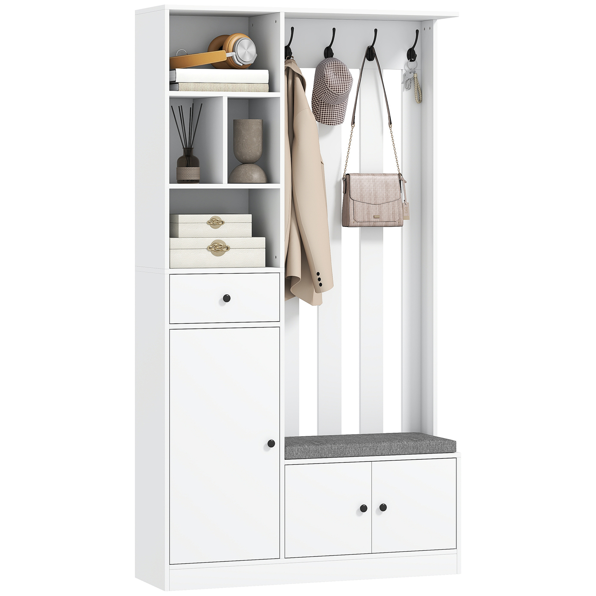 TEMU HOMCOM Meuble d'entrée 4 en 1, d'entrée avec banc de rangement, étagère réglable, 4 crochets et compartiments , porte-manteau moderne pour