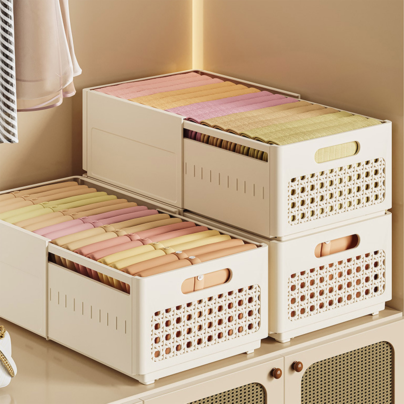 4pcs Stackable Expandable Storage Bins, Multipurpose Plastic Baskets