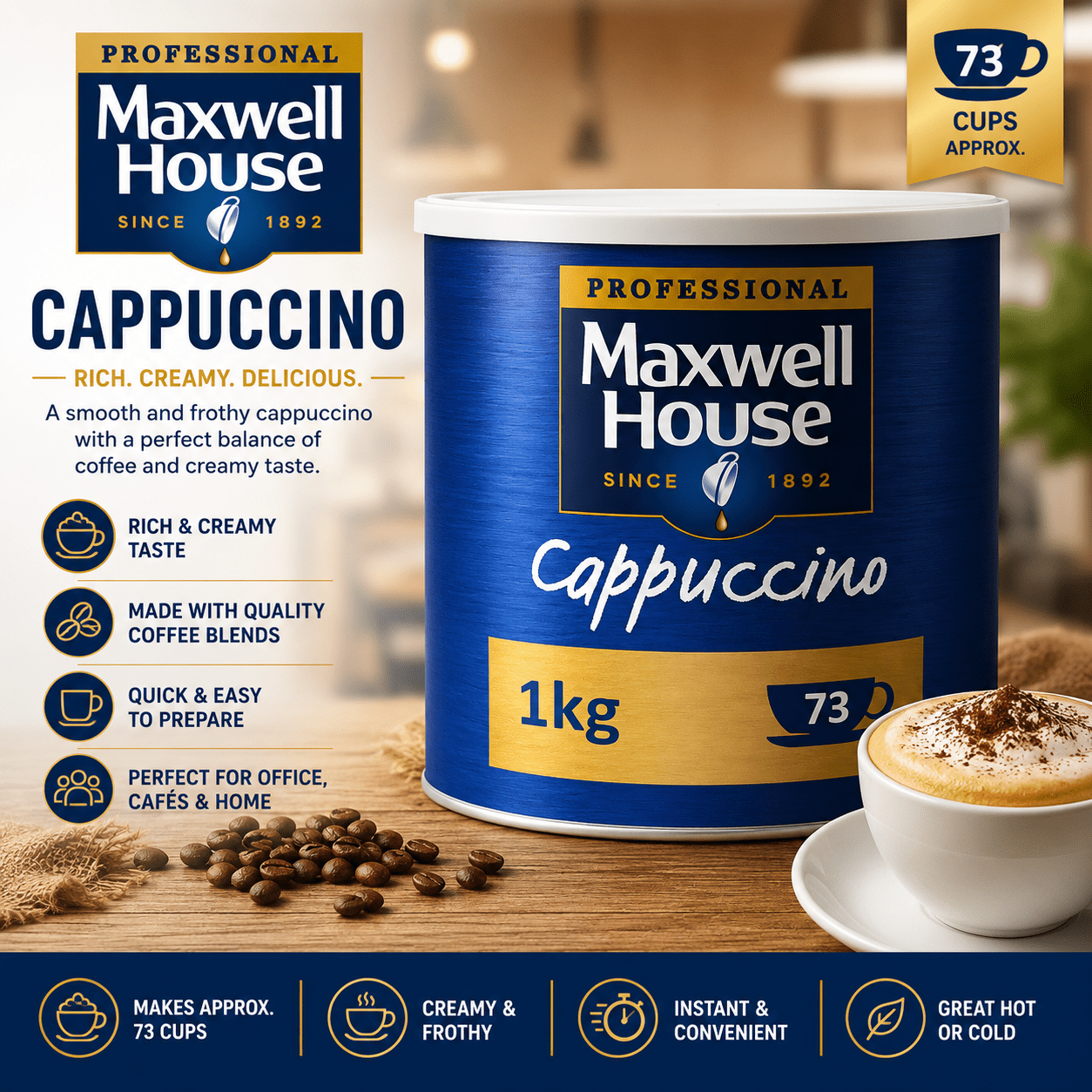 TEMU Maxwell House Cappuccino Instant Coffee Drink Mix Tin Pack Of 1kg