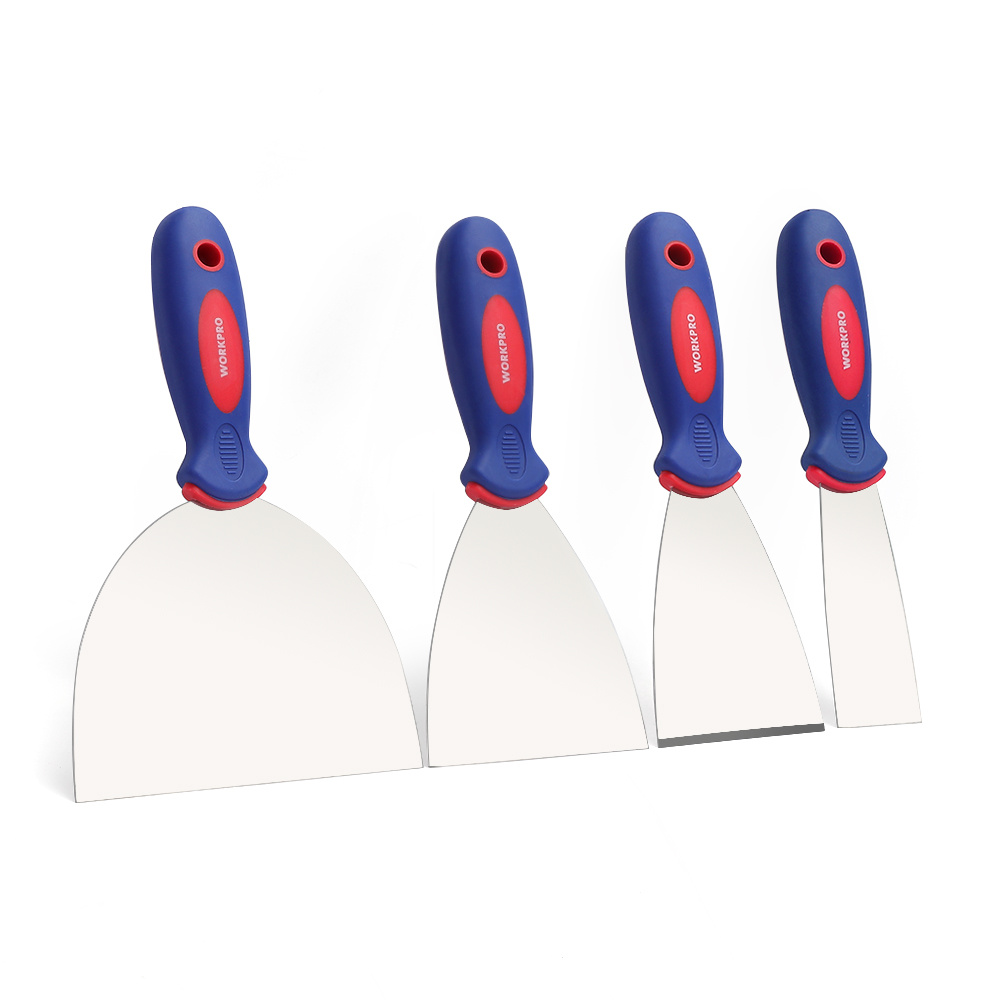 Image of Workpro 's Putty Knife Set, Stainless Steel With Plastic Handle, Painter's Tool, 4-piece Set (38mm, 75mm, 100mm, 150mm), Includes 1 X Sturdy With Ground Edge & 3 X Flexible
