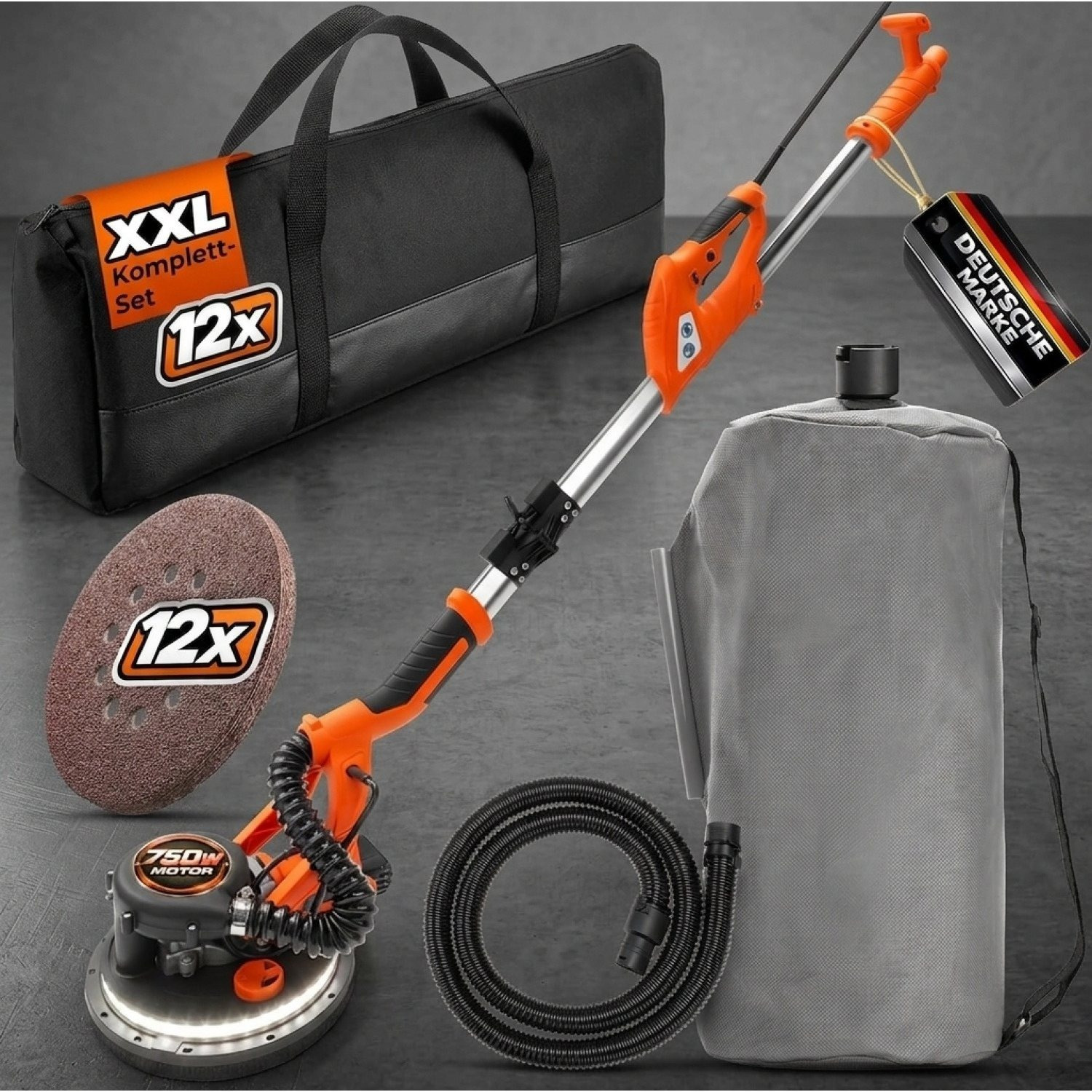 Drywall Sander 750 Watt 1750 Rpm With 12x Ø 225mm Sanding Discs, Dust Extraction Bag, Led Light, Ceiling Sander Grinding Machine