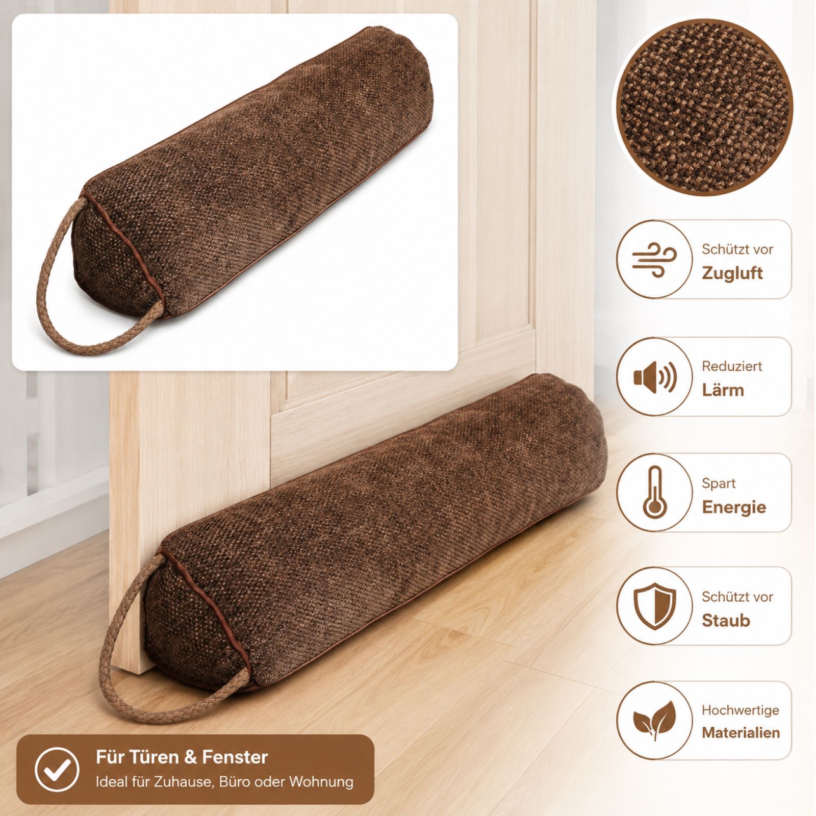 Image of Draft Stopper For Doors And Windows, 92 Cm, Brown, Reusable , Door Seal Against Draft, Noise, Dust, And Insects, Door Seal Roller, Includes Hook Tape For Installation