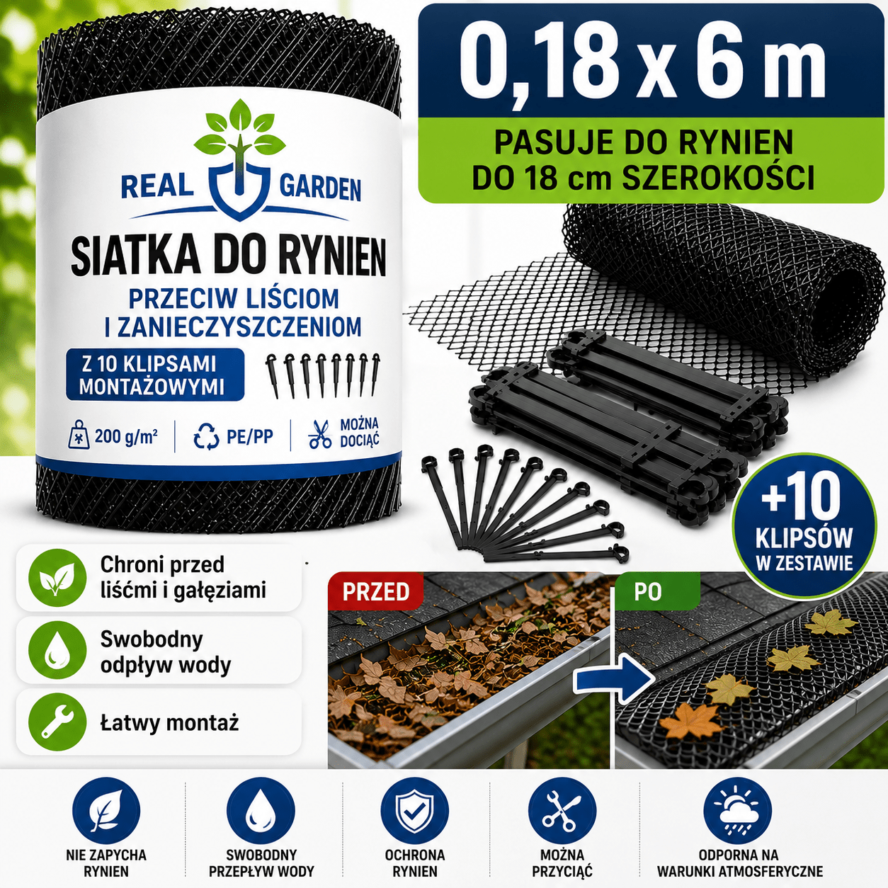 Image of Mesh For Gutters Against Leaves And Contaminants, Set Of 10 Mounting Clips, Gutter Protection Against Clogging, Resistant To , Pe, 200g/m2.