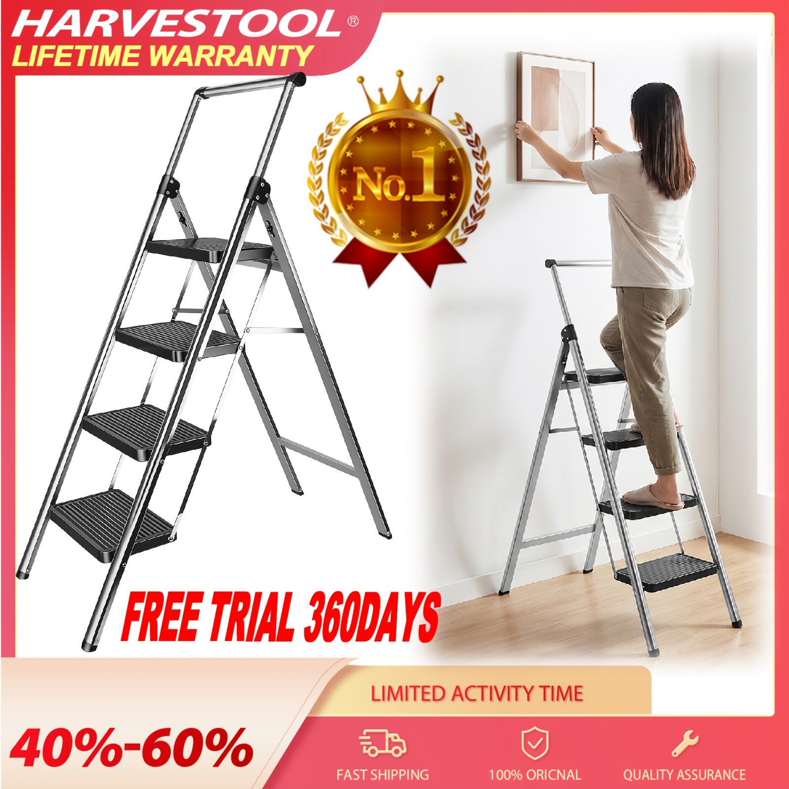 Image of Luckyhouse - 4 Step Ladder With Satery Handrail - Heavy Duty Steel Folding Ladder With Slip-resistant And , Folding Mechanism, 150kg , Home/kitchen/diy/garden Use
