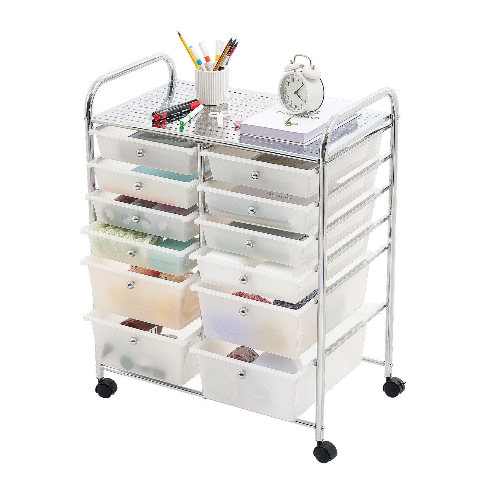 TEMU VEVOR Chariot Roulant avec Tiroirs, Organisateur de Rangement à Double Rangée avec 12 Tiroirs, Chariot Utilitaire Mobile avec Cadre en Acier