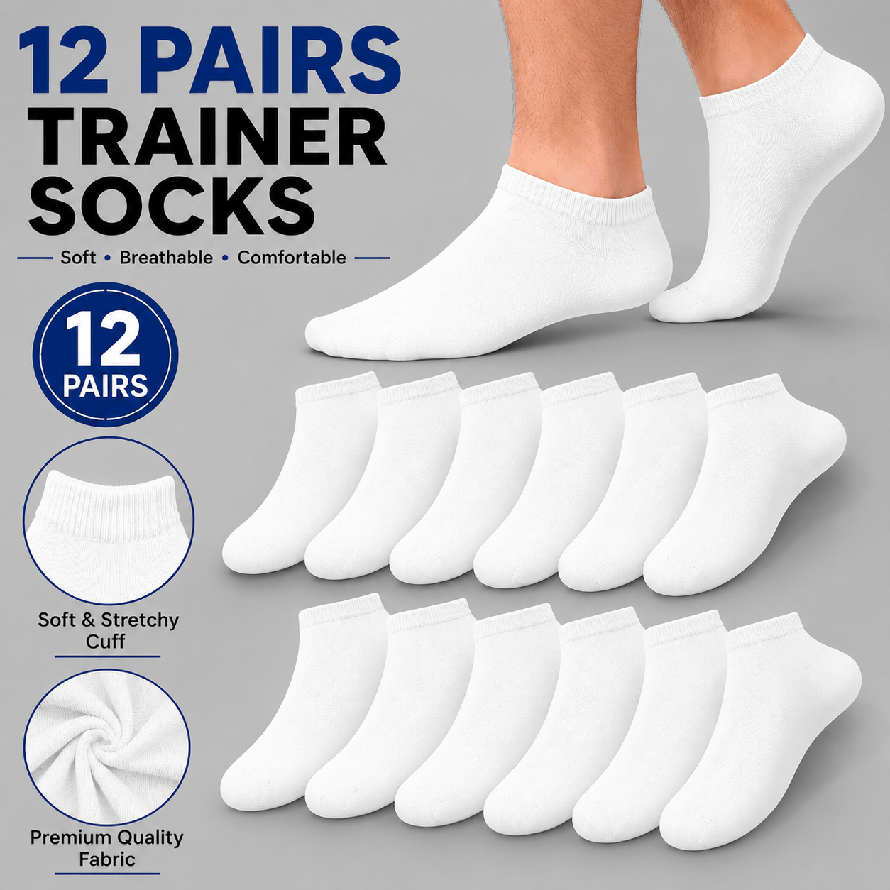 TEMU 12 Pairs Men's Low Cut Trainer Socks - Breathable Soft Sports & Casual Ankle Socks, Moisture Wicking Stretch , Lightweight Everyday Running Gym
