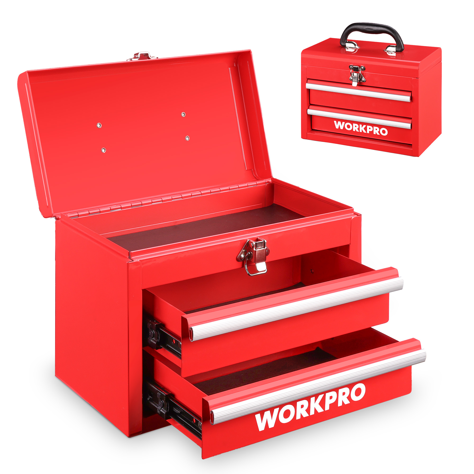 Image of Workpro Metal Drawer Box With 2 Drawers & Top Storage Space, Red, 27.5x15x20.8cm, Desk Organizer With Drawers & Handle For Office, Changing Room, And Desk, Portable Toolbox