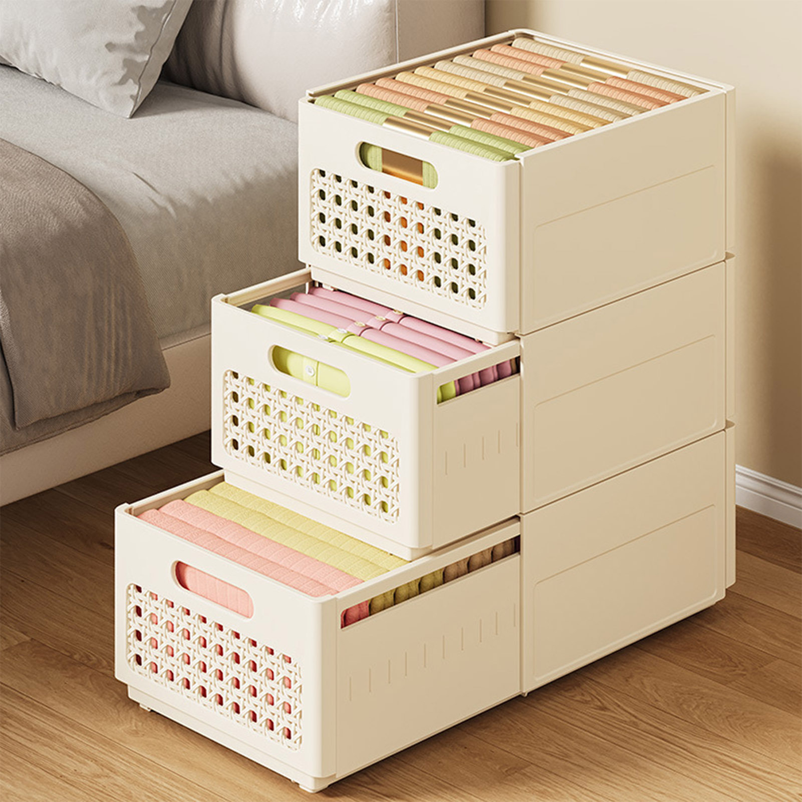 4pcs Stackable Expandable Storage Bins, Multipurpose Plastic Baskets