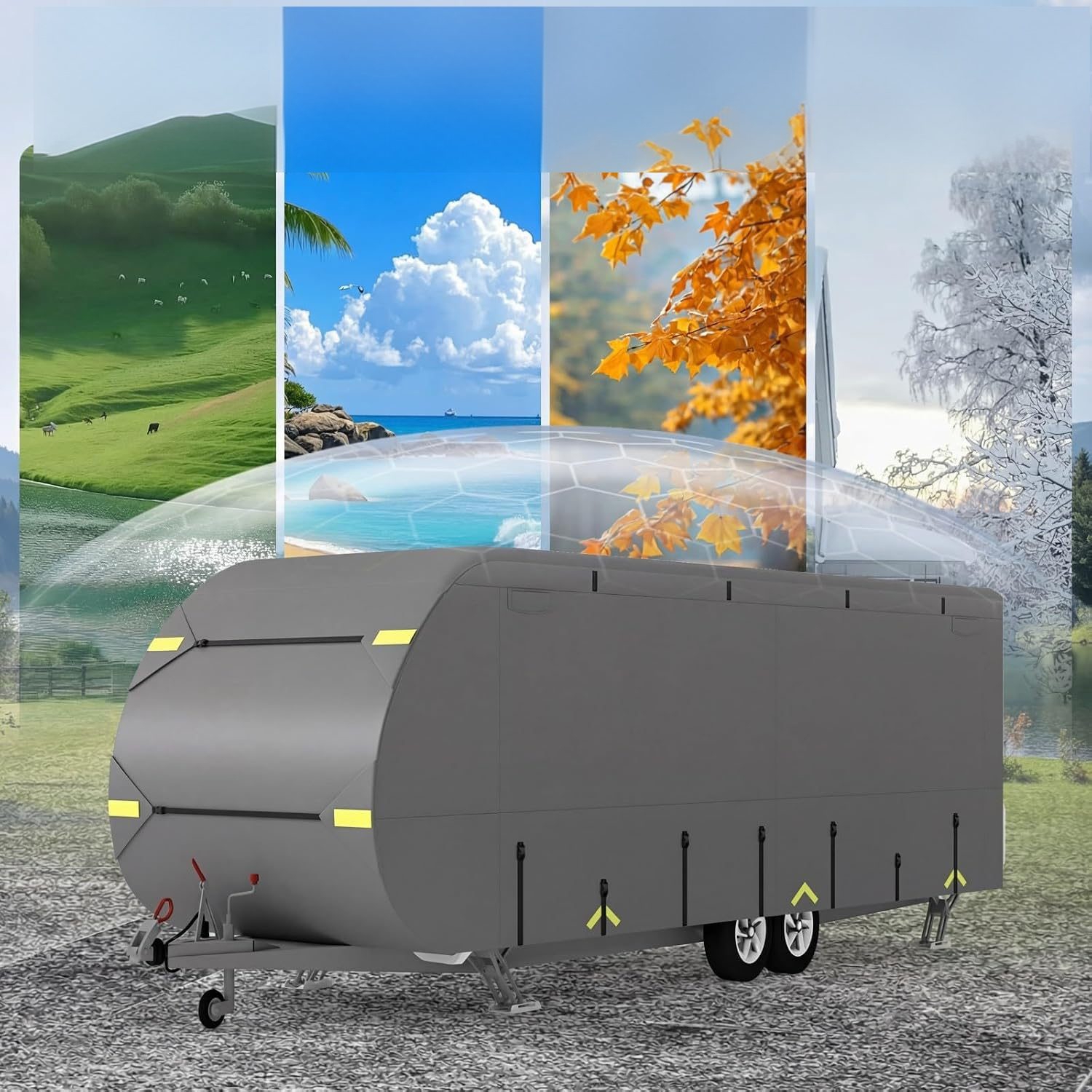 Image of Heavy Duty Travel Trailer Rv Cover 16-18ft/488-549 Cm, 5 Layers Waterproof Non-woven Fabric Cover With Rollable Zippered Doors, Gutter Covers & Windproof Straps, Toy Haulers Protection