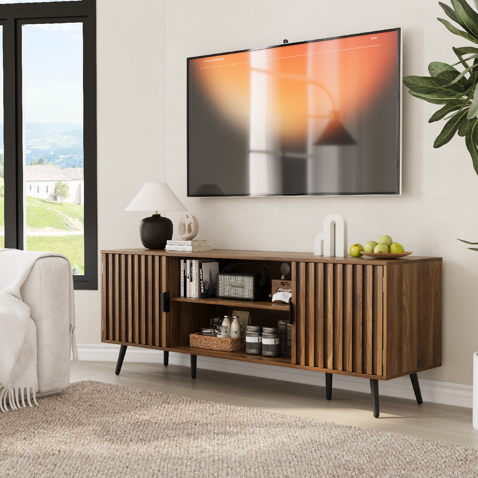 Image of Tv Cabinet With Ribbed Doors, Tv Dresser For Up To 60 Inches, Vintage Sideboard With Adjustable Compartments & Cable Holes, Living Room Storage Cabinet With Wood Look