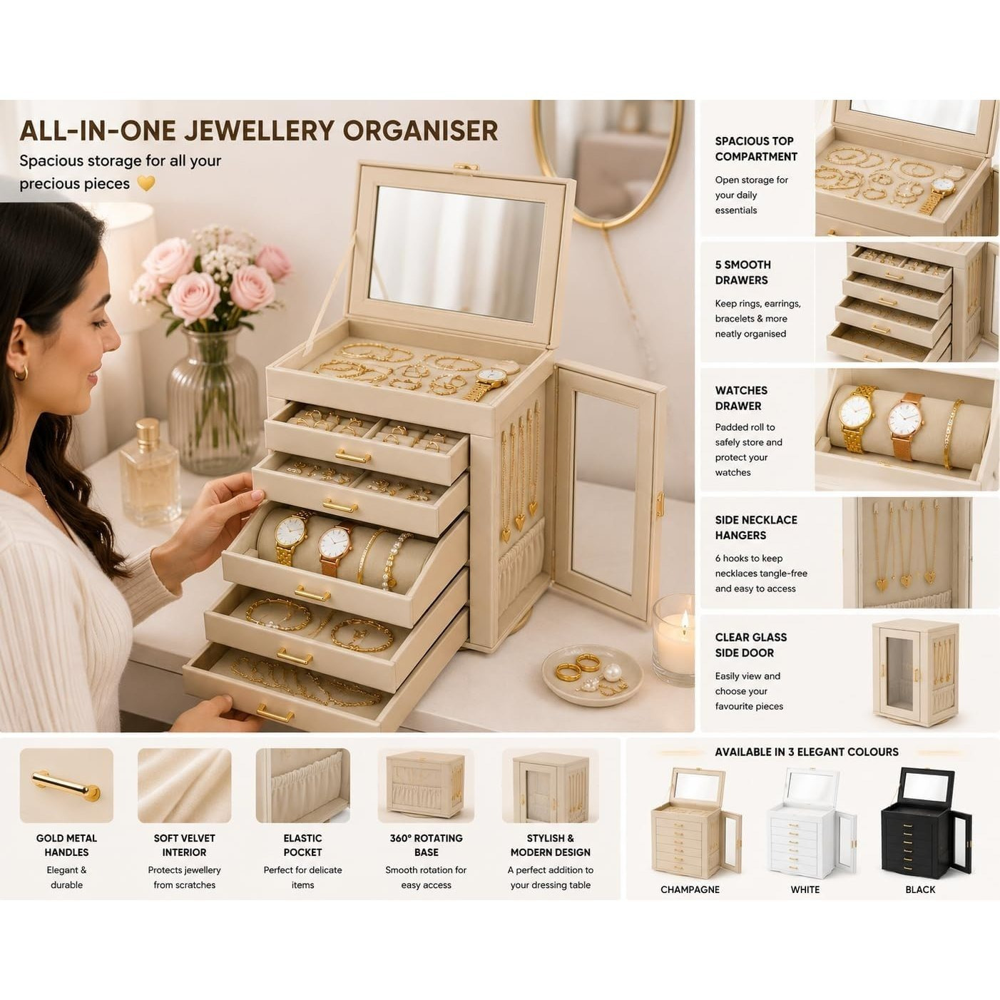 Luxury 6-Tier Multi-Layer Jewellery Organiser Box, Large Capacity