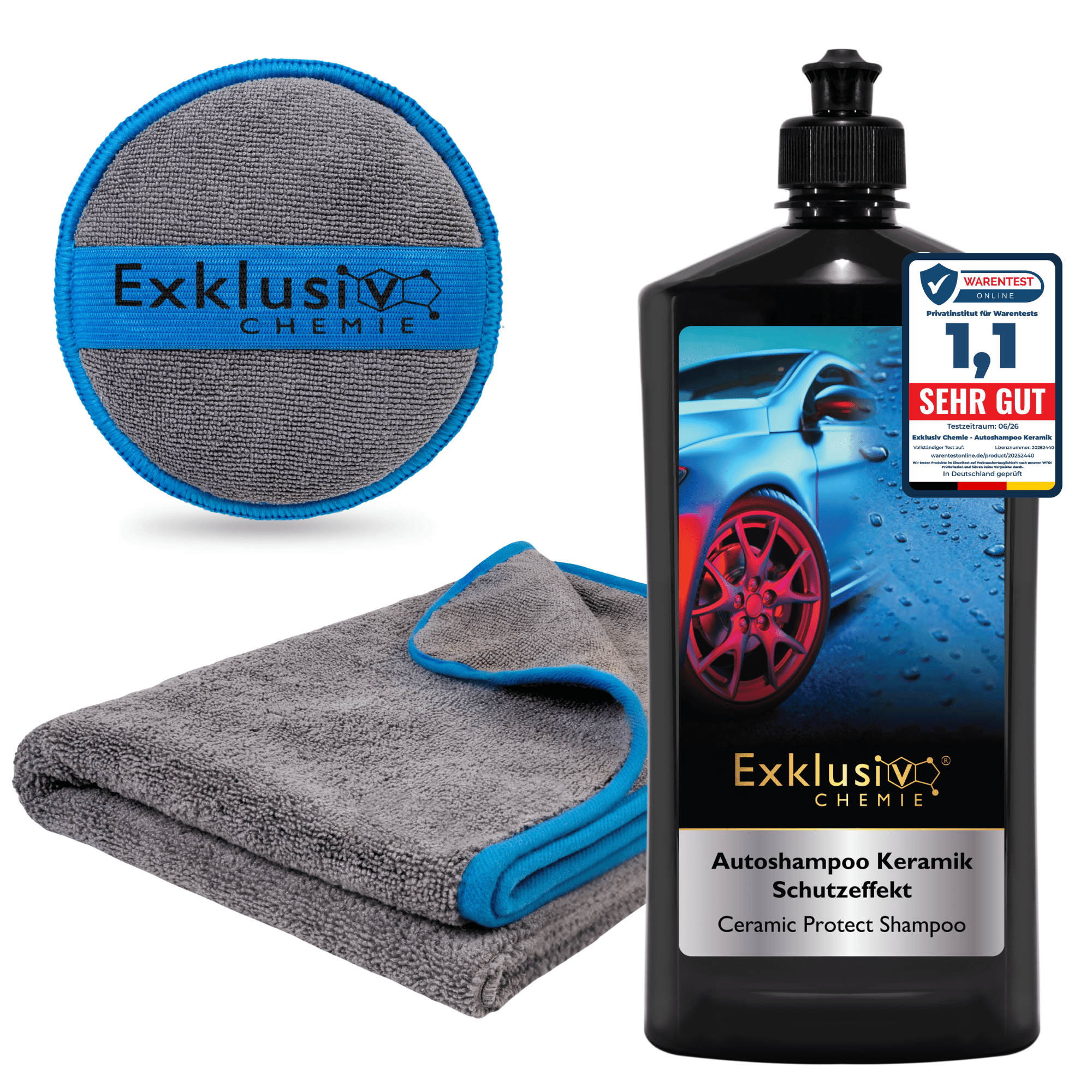 Image of Ceramic Car Wash Set - Wash With Beading Effect & Protection - . 750 Ml Ceramic Shampoo Concentrate, Extra Large Microfiber Towel 90x60 Cm & Hand Polishing Sponge