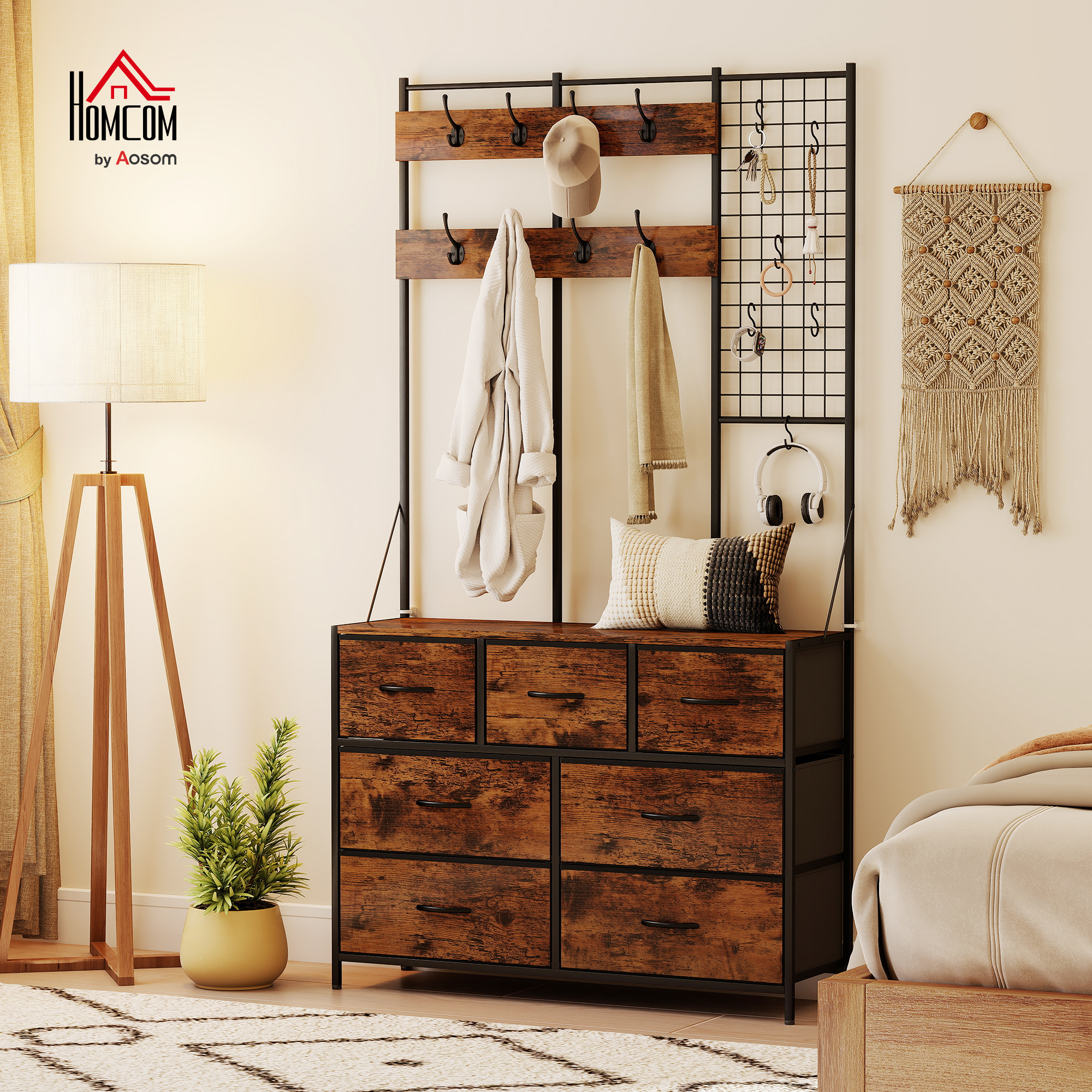Image of Coat Rack, Garment Rack With Dresser, 14 Hooks, Wardrobe With 7 Fabric Drawers, For Hallway, Bedroom, Rustic Brown, Height 183 Cm