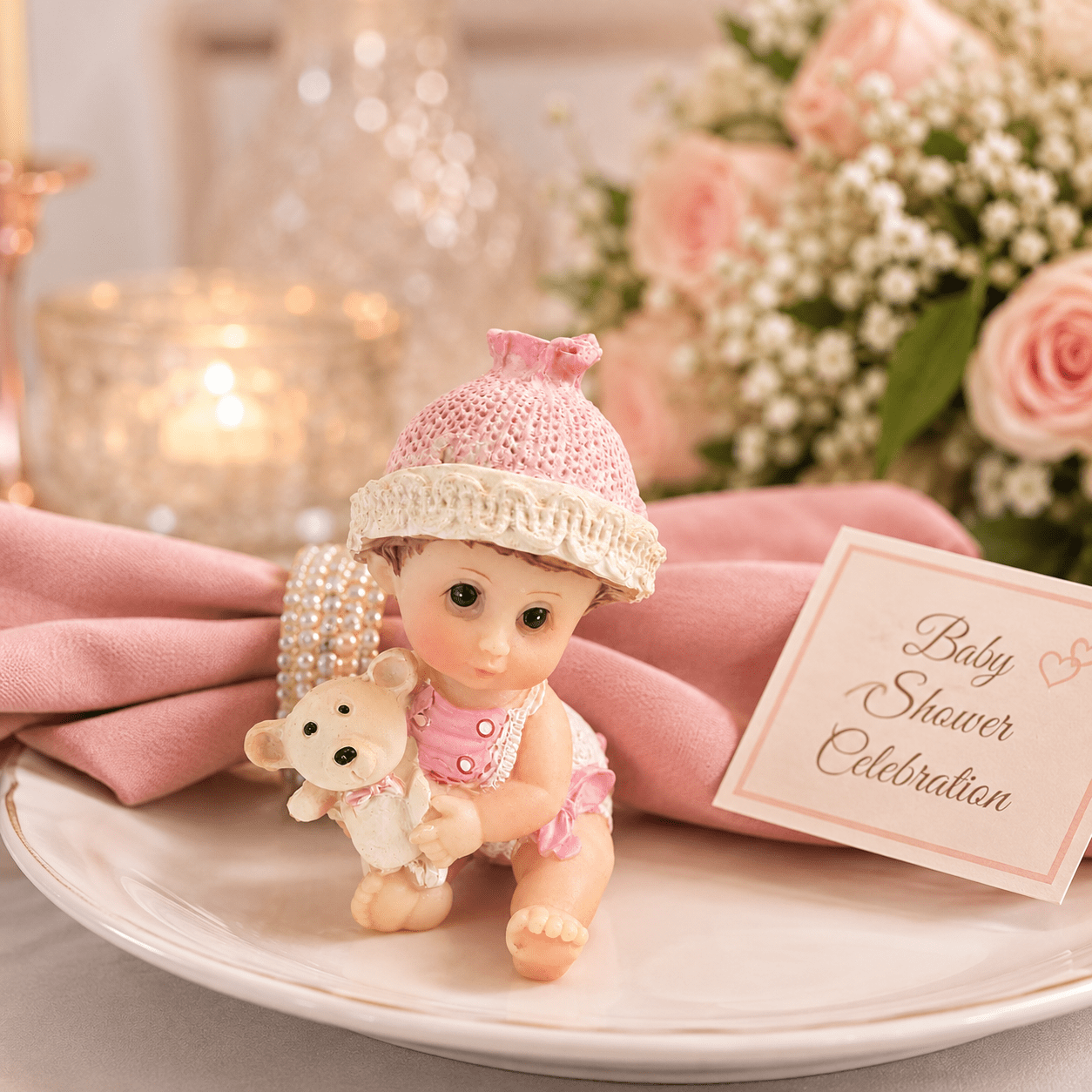 Segnaposto Baby Shower con Orsetto in Resina 3x6cm - Statuina Neonata Rosa Bomboniera Battesimo Nascita Tavolo: retailer-supplied image