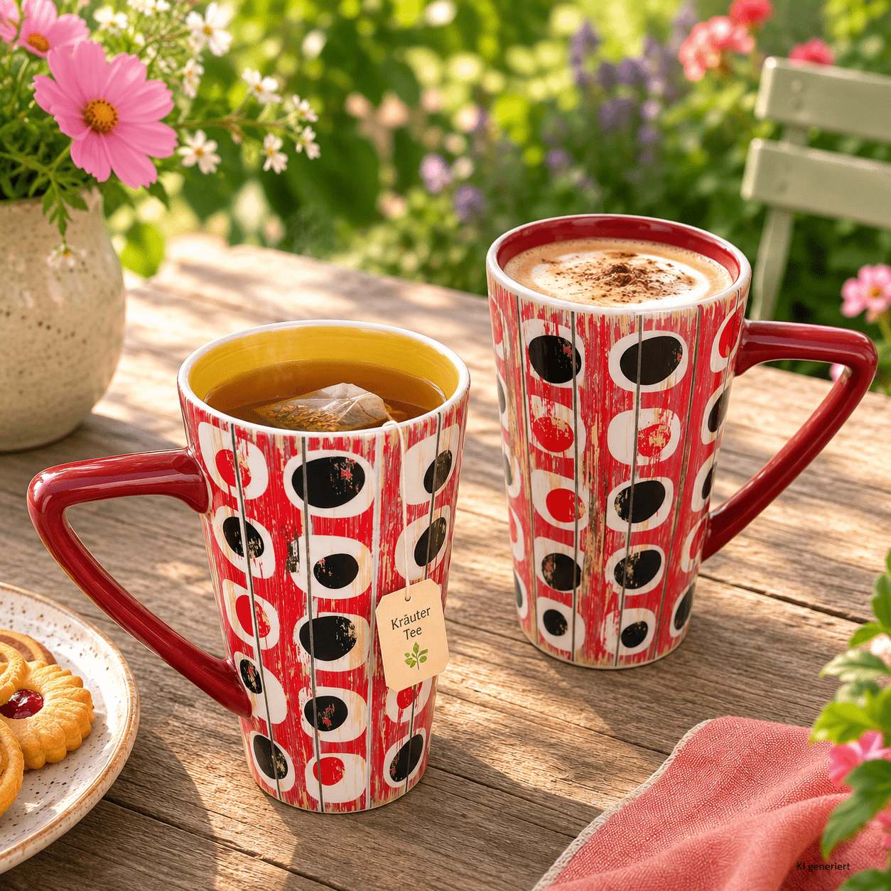 Image of 2pcs Set Of Shabby Chic Wooden-look Cups, 1x Red And 1x Yellow, Porcelain Cups With Handles For Coffee, Tea, Hot Chocolate, Breakfast, Office And