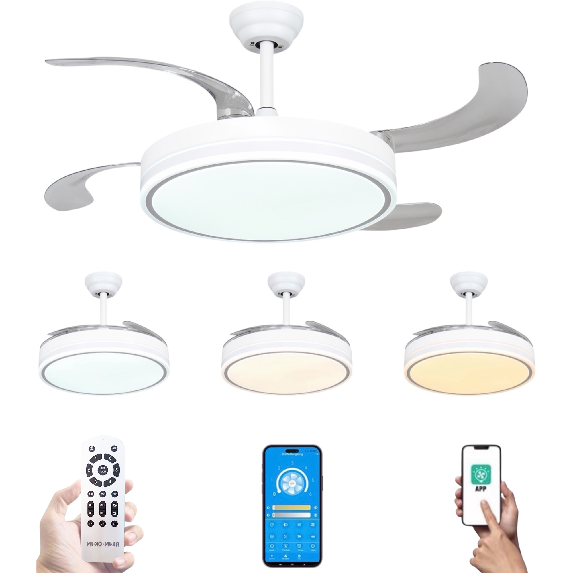 imagen del artículo ventilador de techo 96w con led de 60w y motor de 36w   en 3 temperaturas   con mando a distancia -motor   eficiente y silencioso,   desplegables retráctiles, 6 velocidades, control remoto, memoria, temporizador.