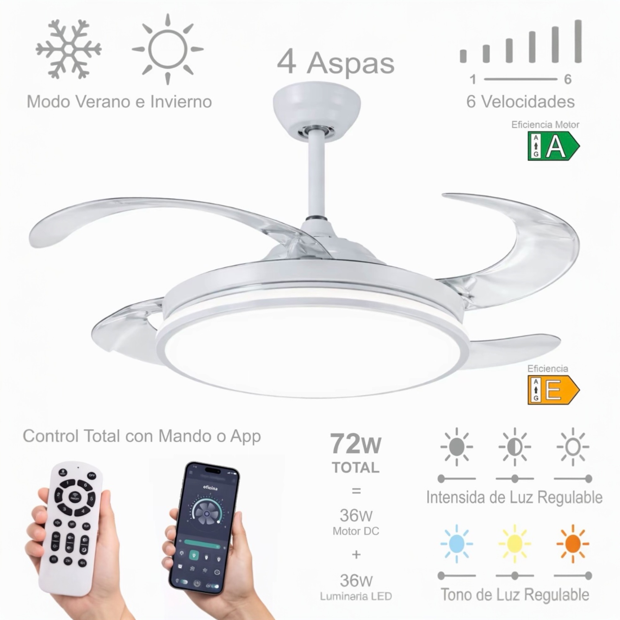imagen del artículo ventilador de techo con   en 3 temperaturas de con mando a distancia -motor   eficiente y silencioso, 3 tonalidades,   desplegables retráctiles, 6 velocidades, control remoto, memoria, temporizador, silencioso y     （ventilador-001）