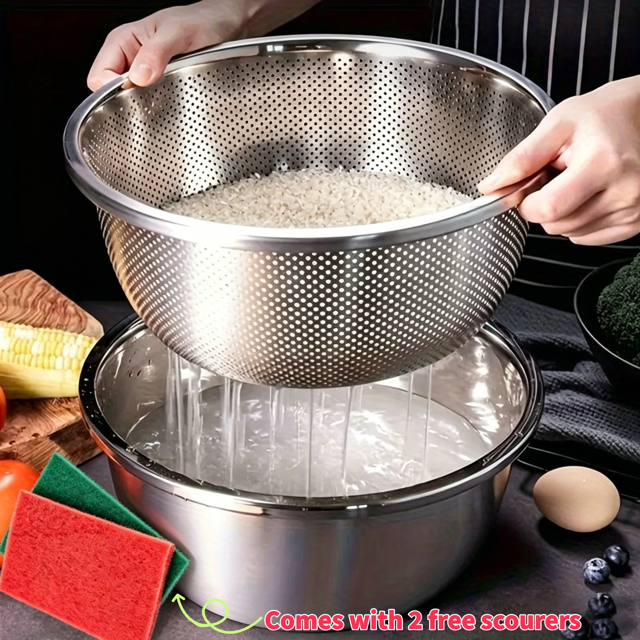 TEMU 2pcs Stainless Steel Rice Washer & Colander Bowl Set - Food Grade Strainer + Mixing Basin, Heavy Duty Large Capacity For Washing
