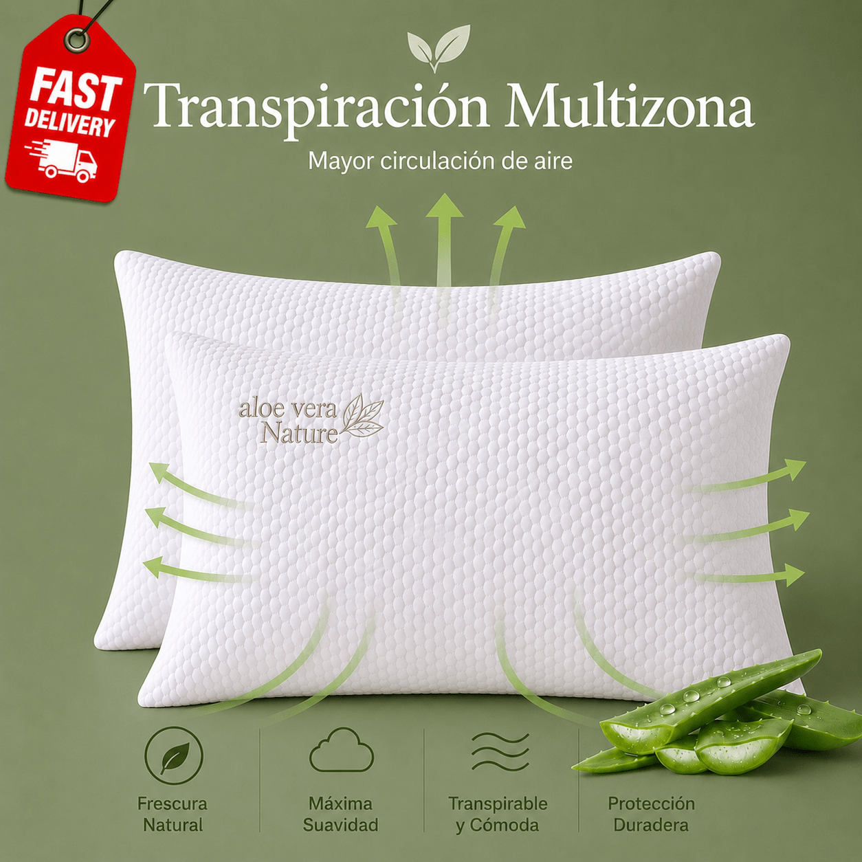 imagen del artículo almohada viscoelástica de   con aloe vera –   de   elástico 100% poliéster, transpiración multizona,   de puntos de presión, lavable