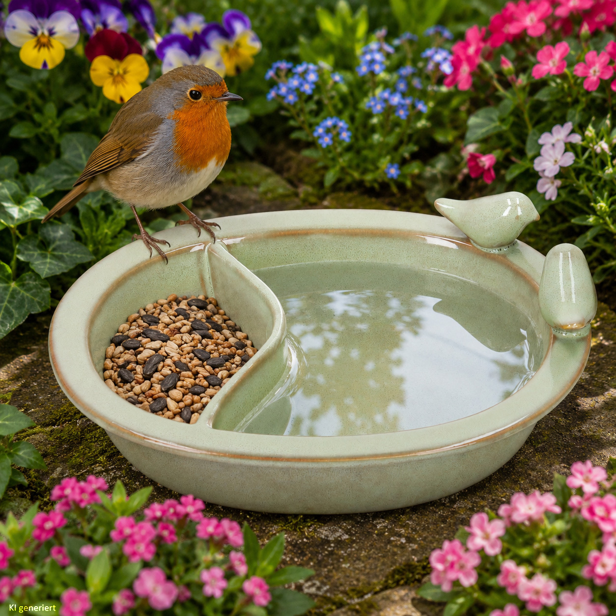 Image of Green Porcelain Bird Feeder Bowl, Lxw 21x16cm, Bird Waterer And Feeding Station With Compartments For Garden, Terrace, And Balcony