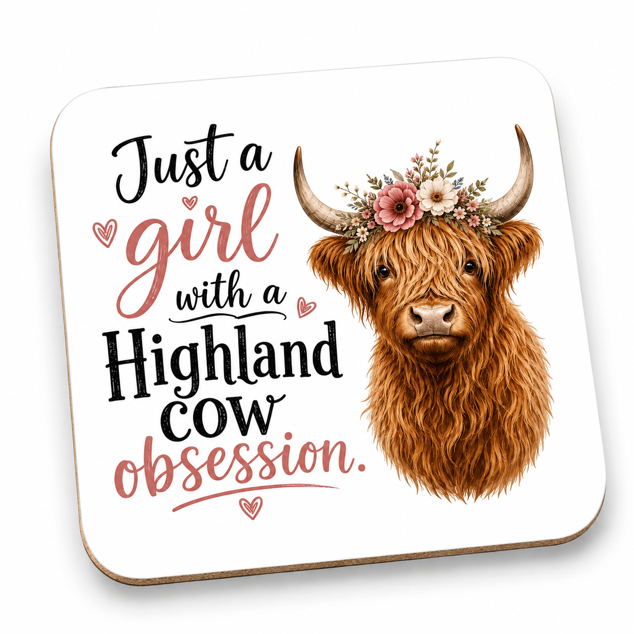 TEMU With A Highland Cow | Cute Floral Highland Cow Coaster | Glossy Mdf Drink Coaster | Funny Gift For Cow Lovers, Daughter, Sister, Mum, Friend |