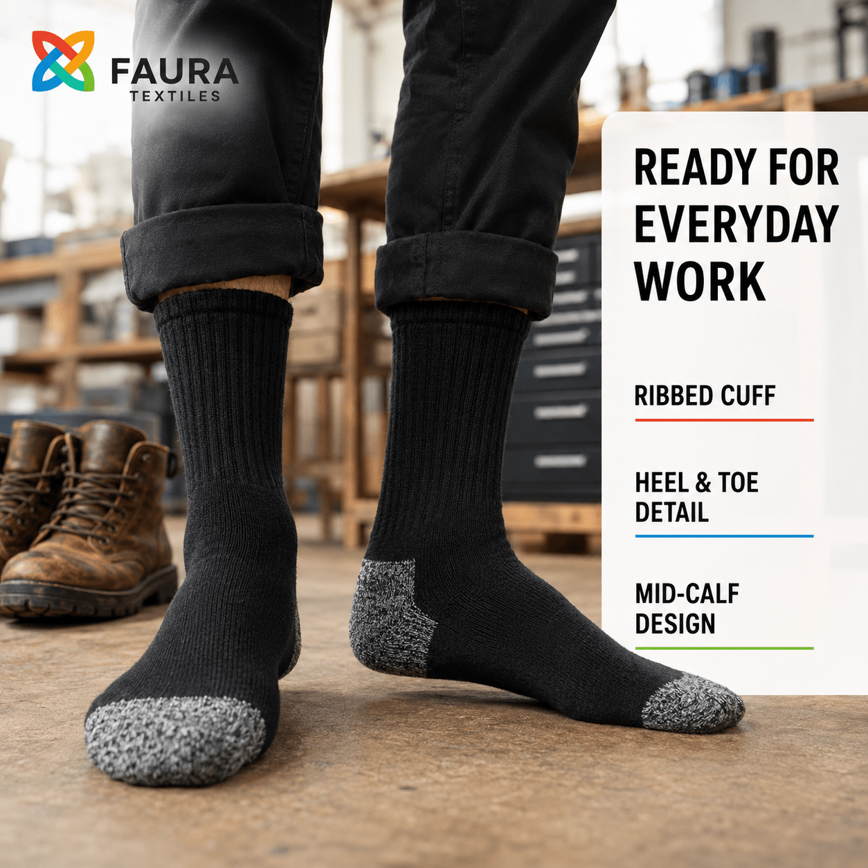FAURA TEXTILES Men's Work Socks, Mid-Calf Crew Boot Socks
