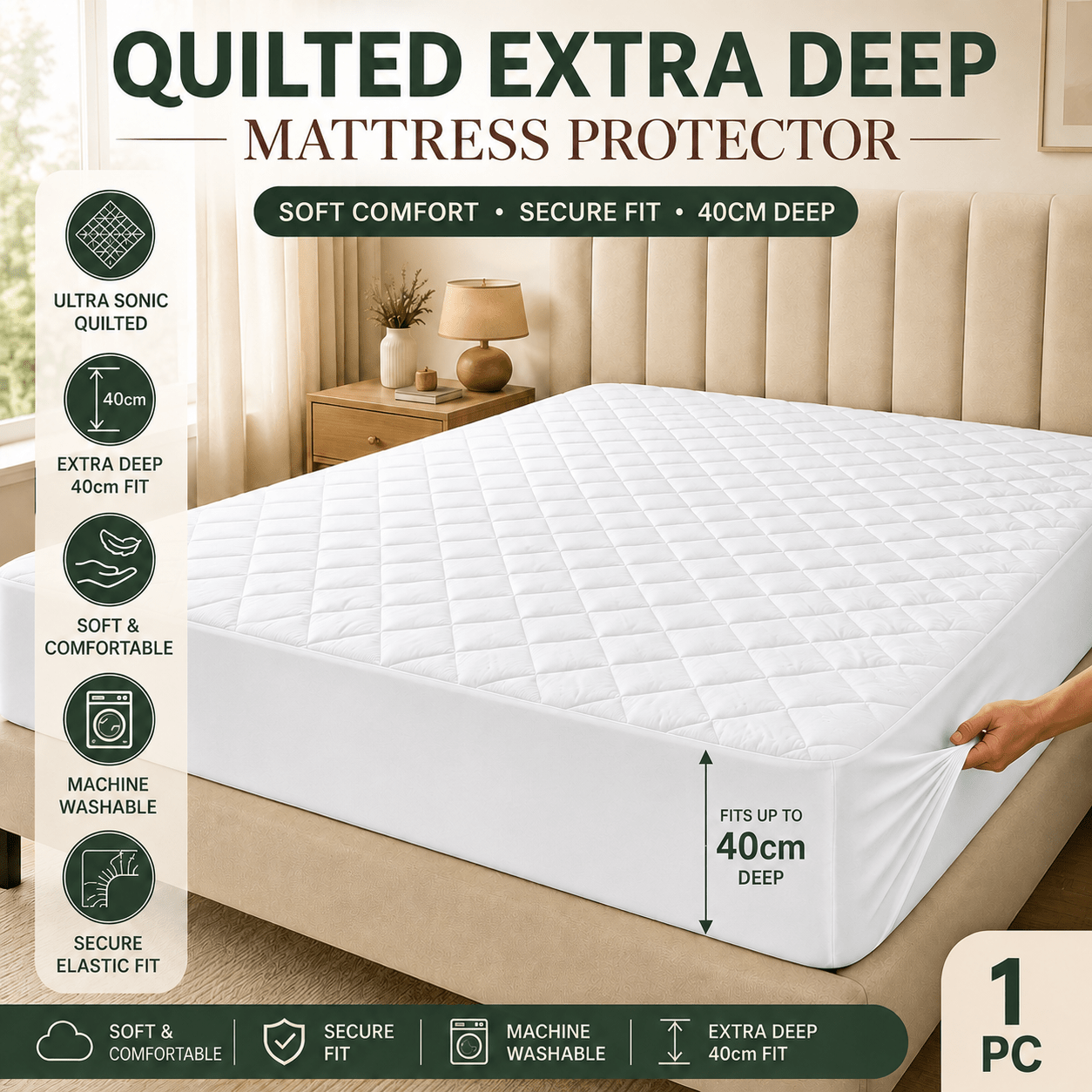 TEMU 1pc Quilted Extra Deep Mattress Protector, Soft & Comfortable Fitted Bed Sheet Cover Topper, Ultra Embossing, Machine Washable, Fits Upto 40cm