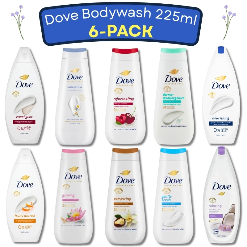 TEMU Dove 6-pack Body Wash 225ml Bulk Assortment, Moisturising Shower Gel & Hydrating Body Cleanser Multipack. Random 6 Scent Set (relaxing,