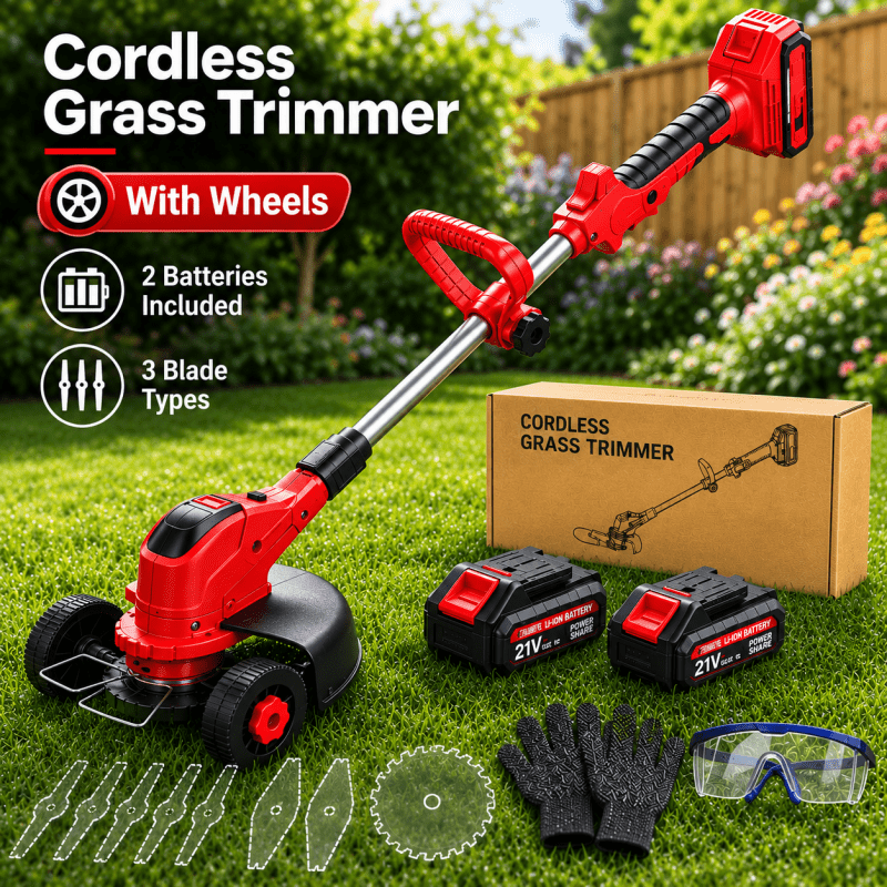 item picture rovixoveln cordless electric lawn mower adjustable handle and detachable   wheel 2 in 1 garden   trimmer suitable for yard lawn mowing diy gardening tool set
